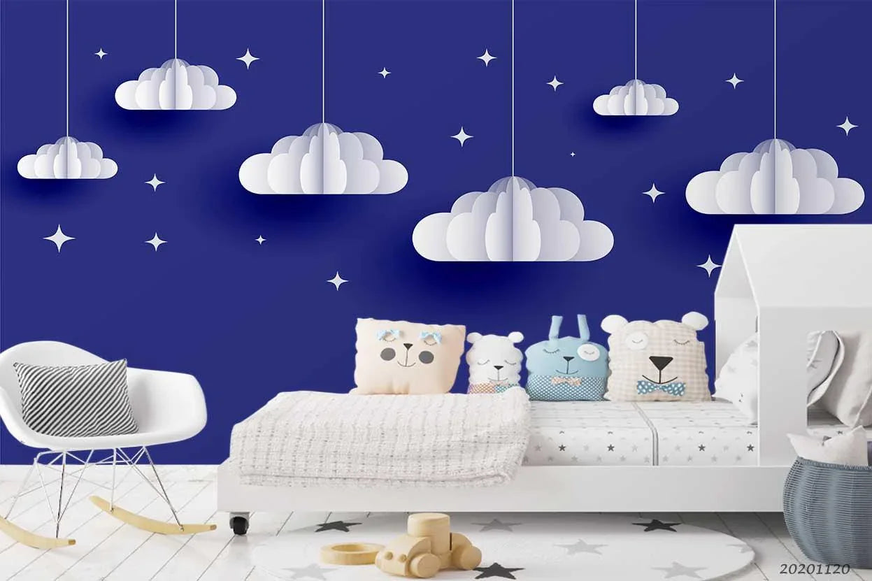 3D Blue Sky Cloud Star Papercut Style Background Wall Mural Wallpaper LXL- Jess Art Decoration