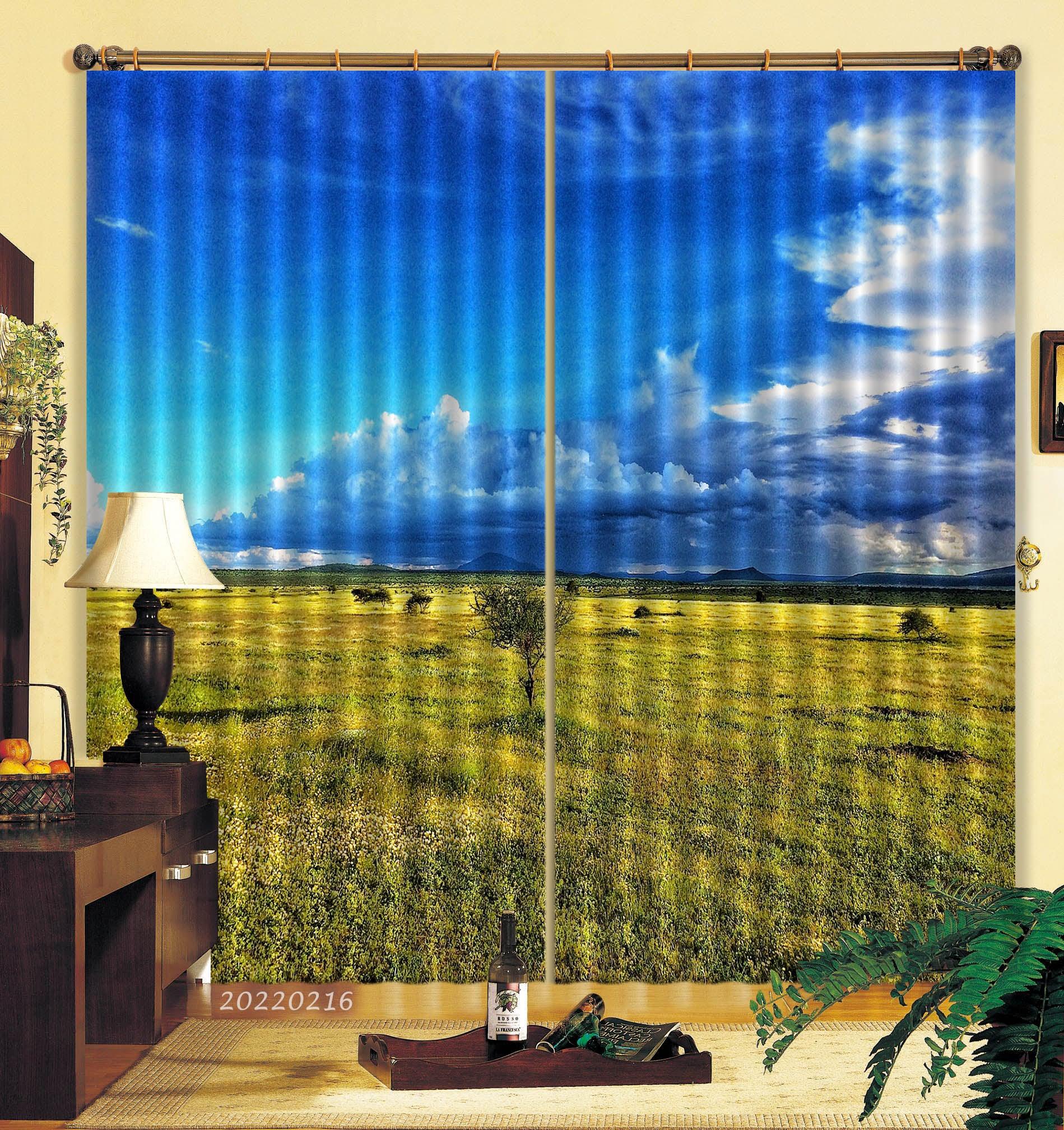 3D Yellow Prairie Small Tree Blue Sky Cloud Scenery Curtains and Drapes GD 2236- Jess Art Decoration