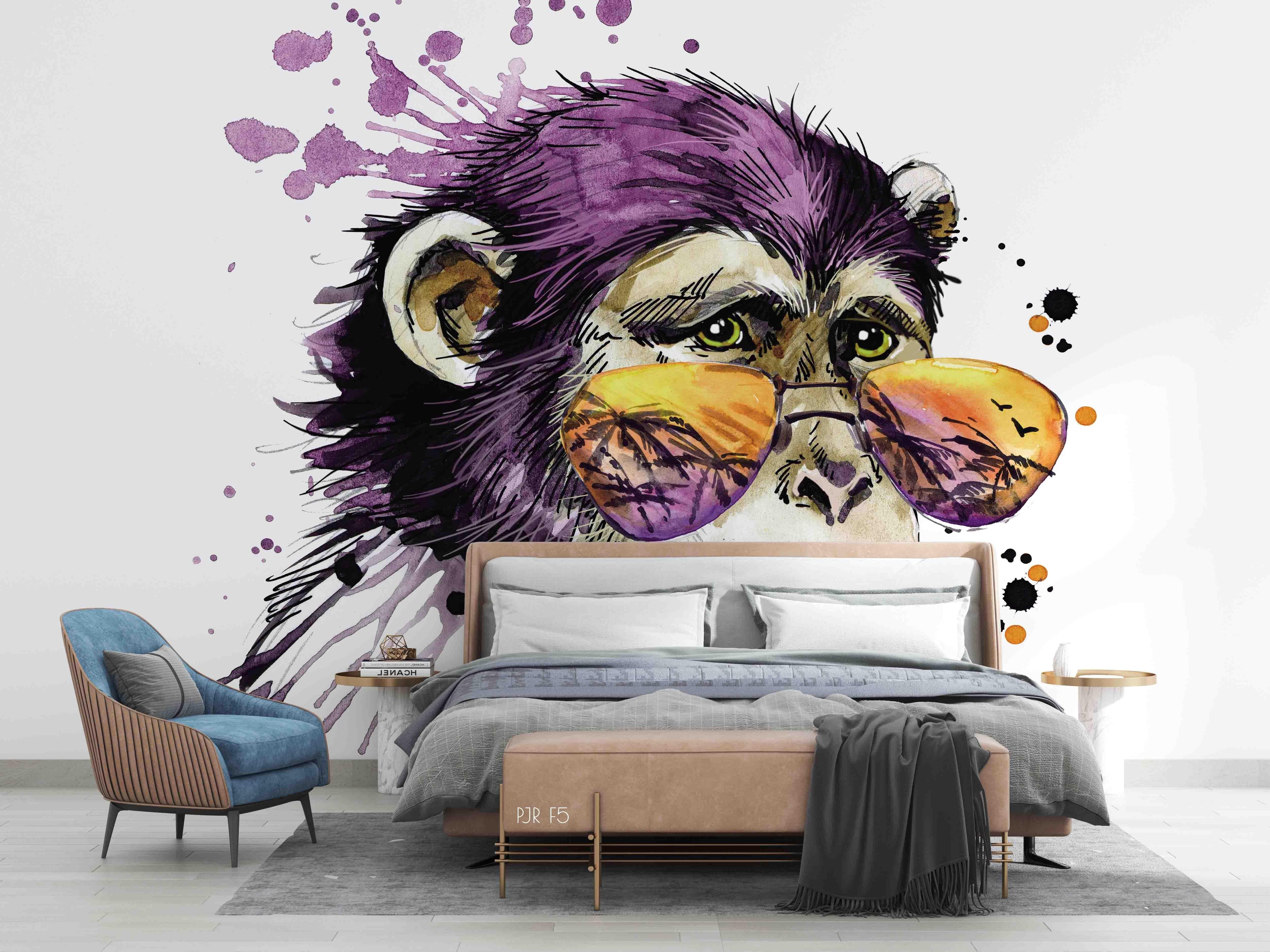 3D Monkey Sunglasses playful monkey portrait mural wall mural wallpaper for kids room