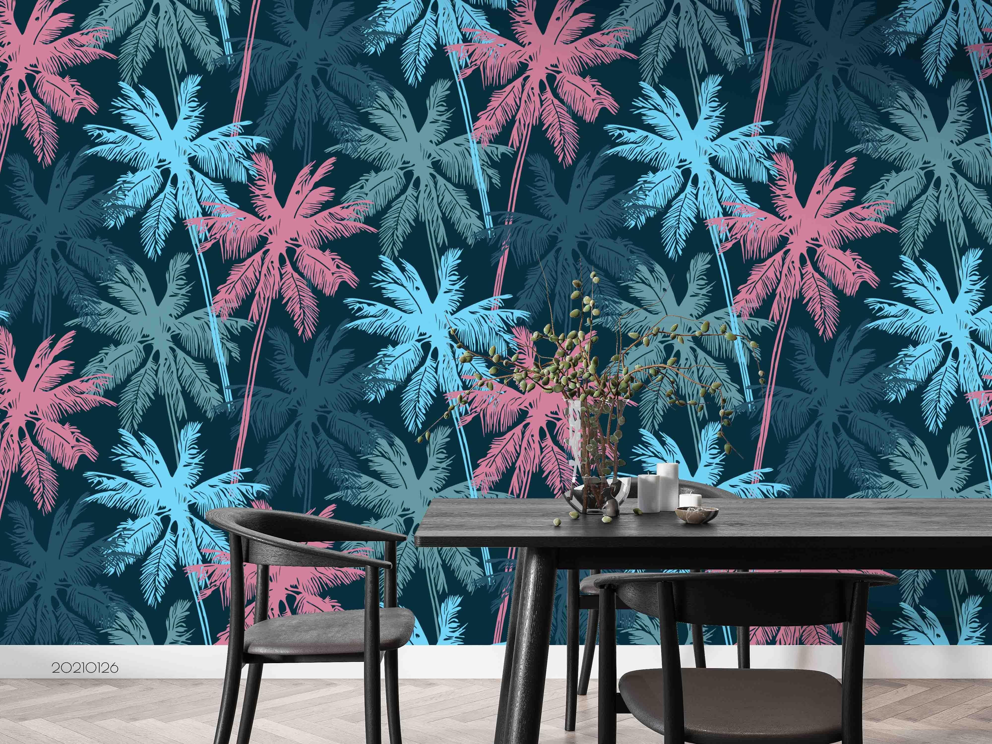 3D Hand Drawn Blue Pink Palm Tree Wall Mural Wallpaper LQH 53- Jess Art Decoration