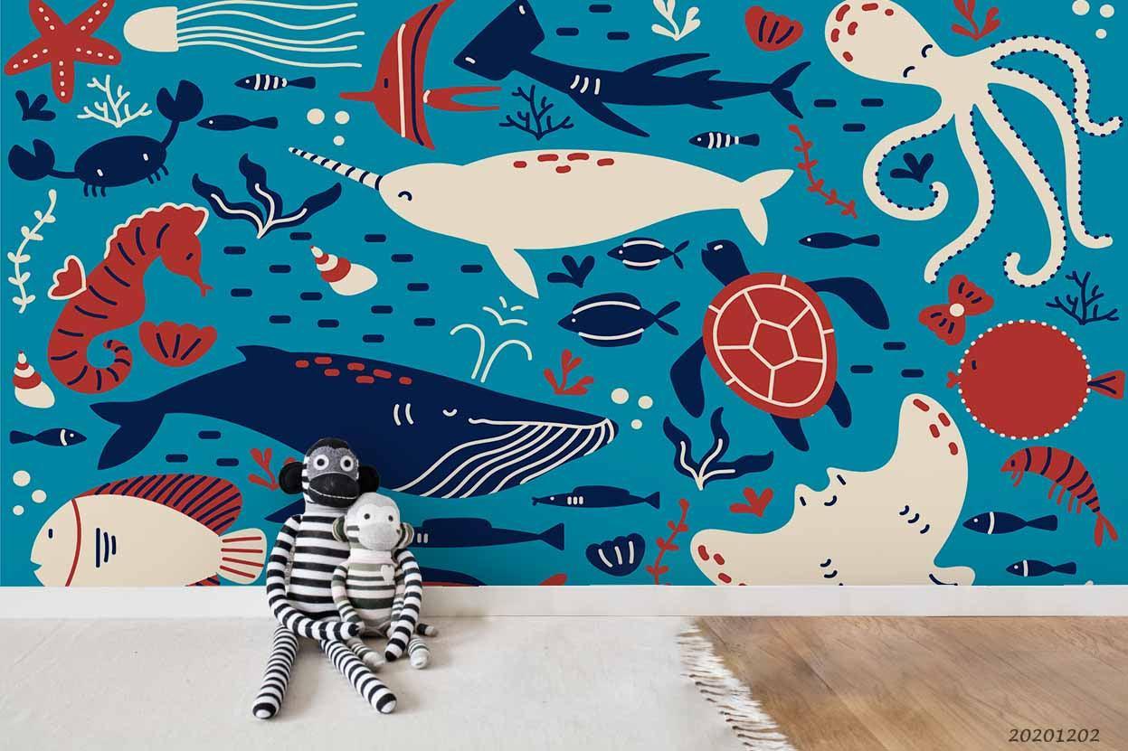 3D Cartoon Hand Drawn Colorful Ocean Octopus Whale Fish Starfish Wall Mural Wallpaper LXL- Jess Art Decoration