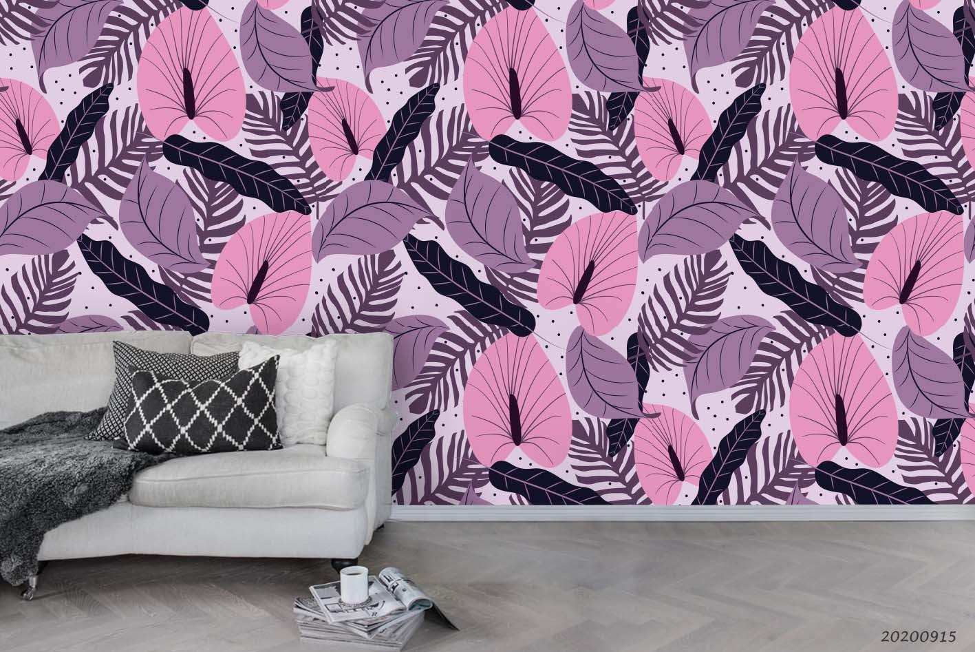 Hand Drawn Pink Purple Leaves Plant Pattern Wall Mural Wallpaper LXL- Jess Art Decoration
