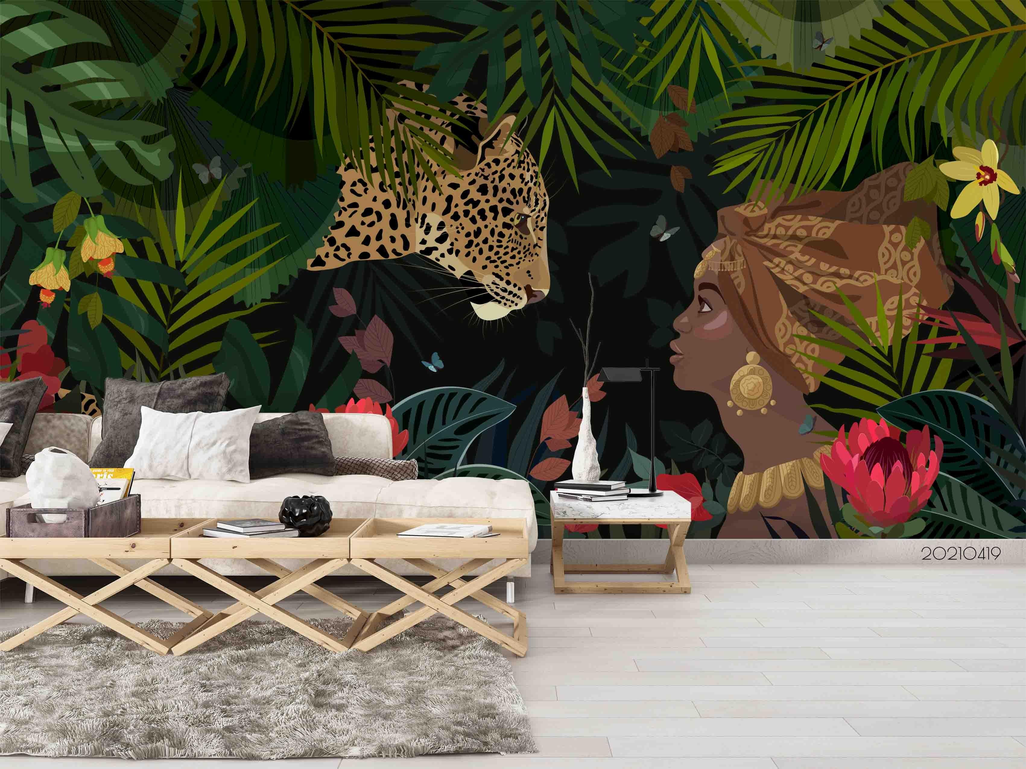 3D Tropical Forest Leopard Wall Mural Wallpaper LQH 639- Jess Art Decoration