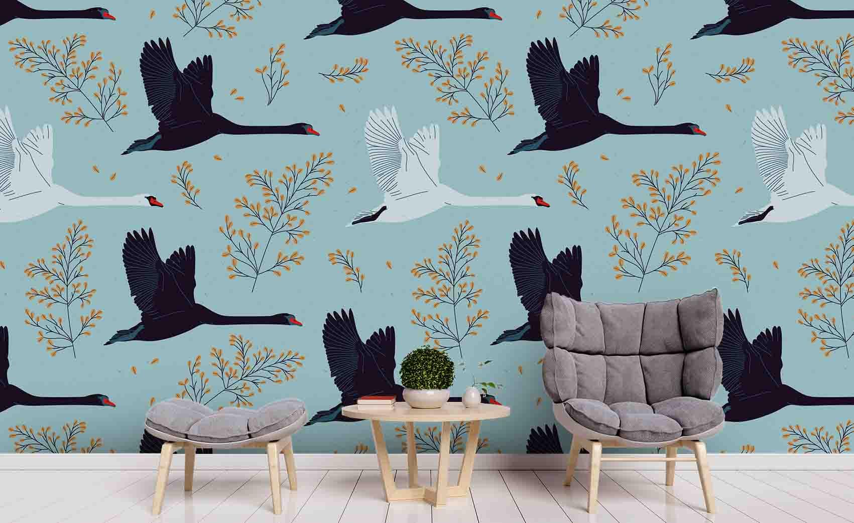 3D Blue Swan Branch Wall Mural Wallpaper SF83- Jess Art Decoration