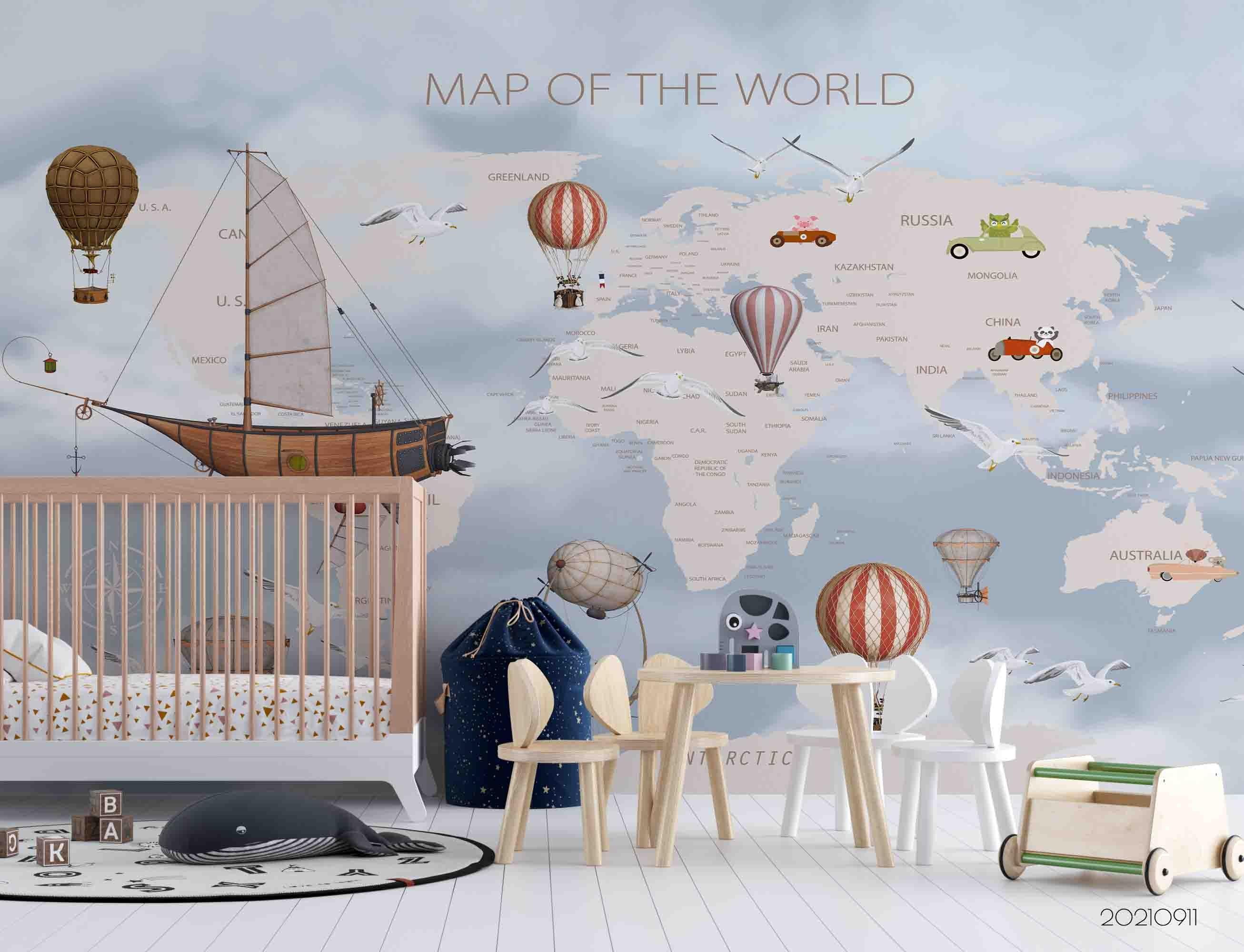 3D World Map Hot Air Balloon Kids Wall Mural Wallpaper LQH 831- Jess Art Decoration