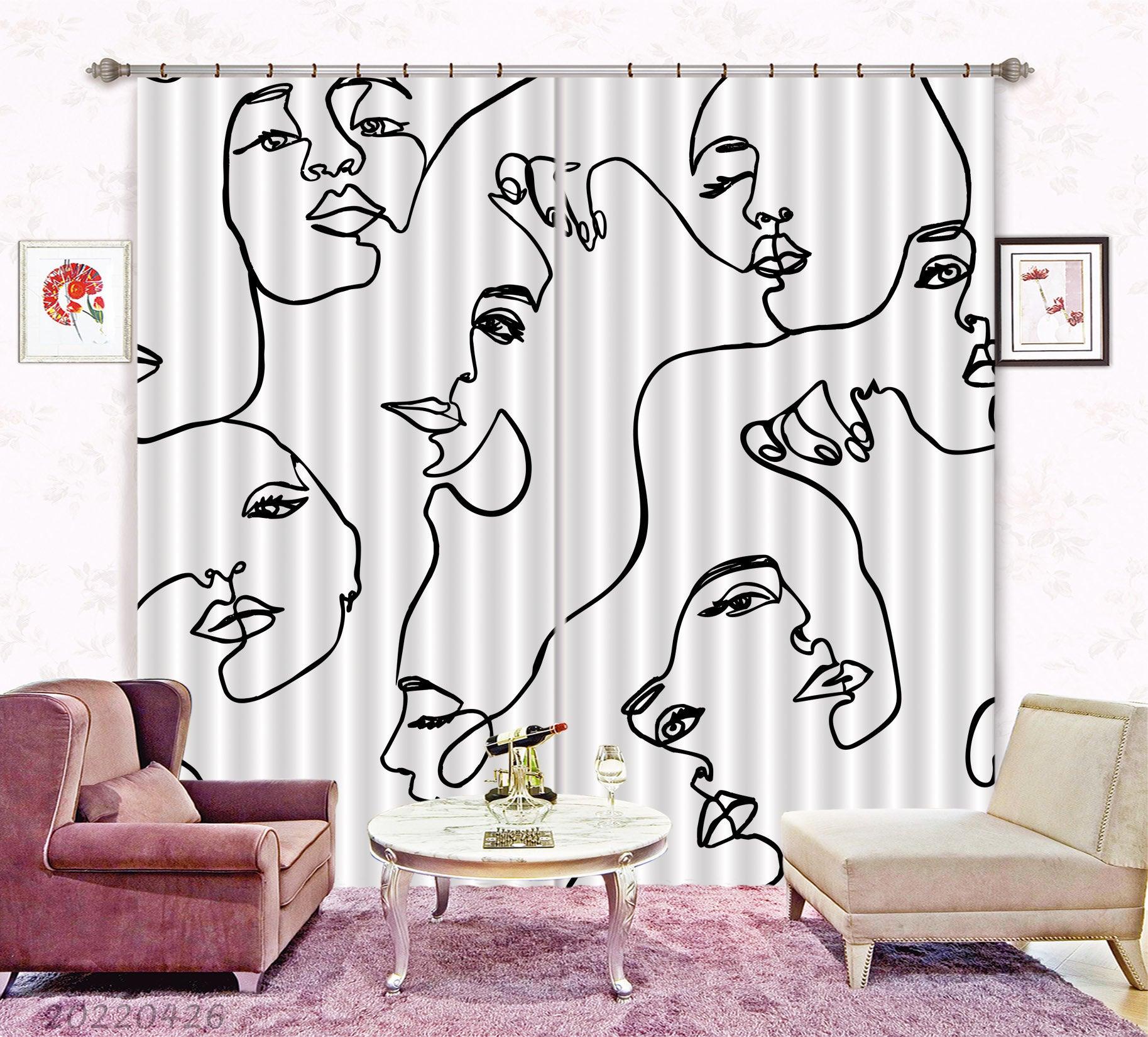 3D Abstract Art Lines Face White Background Curtains and Drapes GD 4870- Jess Art Decoration