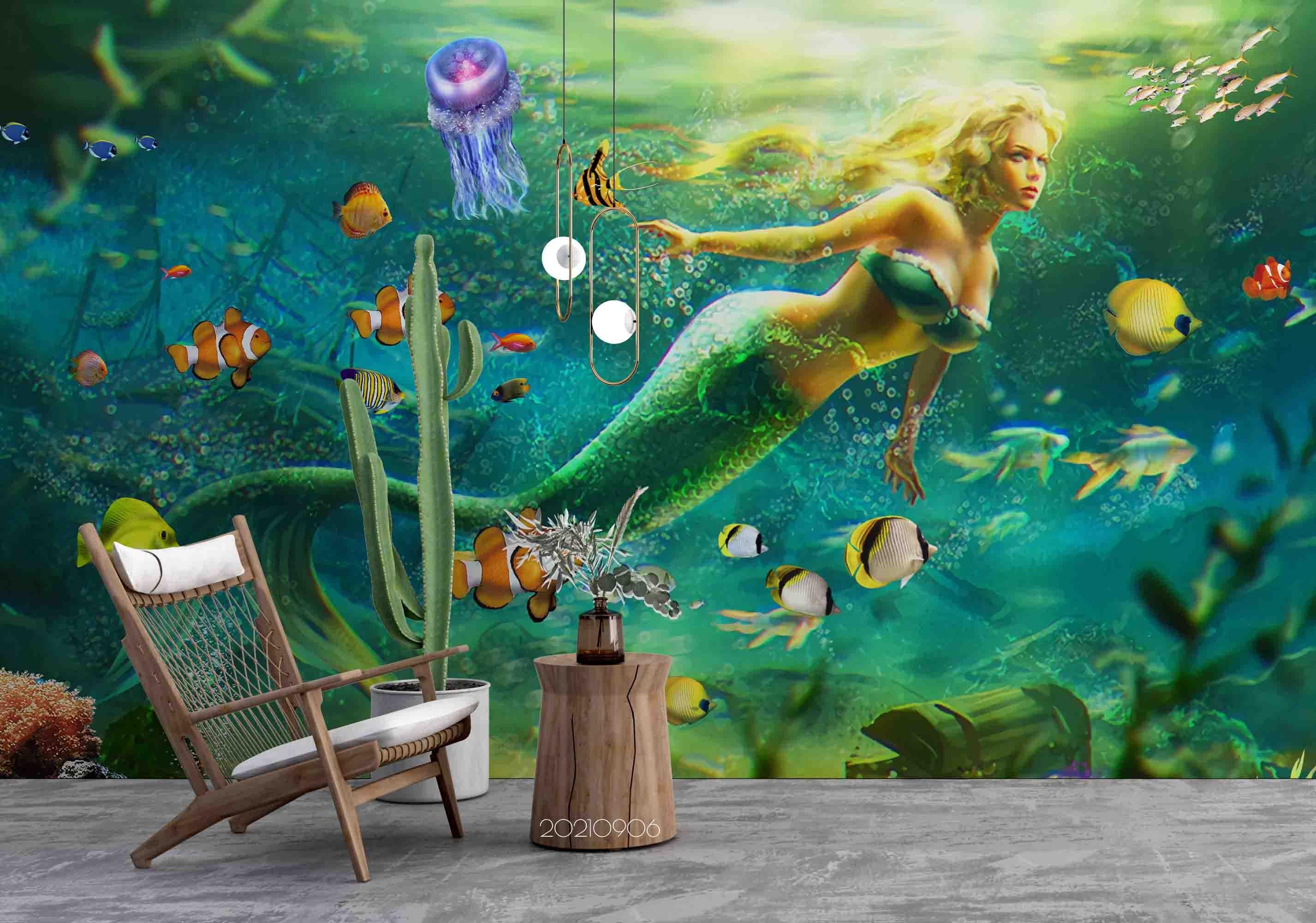 3D Mermaid Underwater World Wall Mural Wallpaper LQH 574- Jess Art Decoration