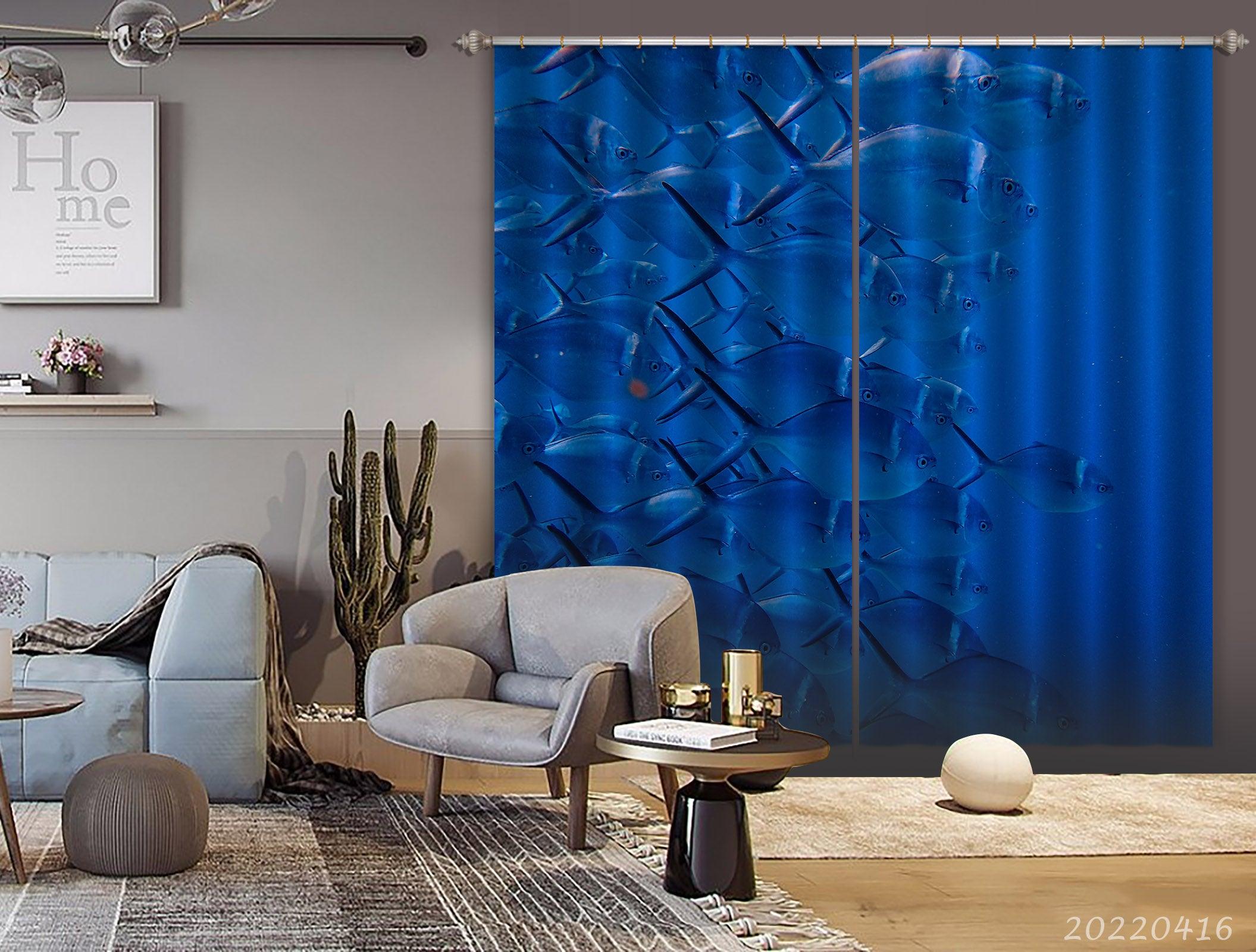 3D Abstract Blue Fishes Background Curtains and Drapes GD 4507- Jess Art Decoration