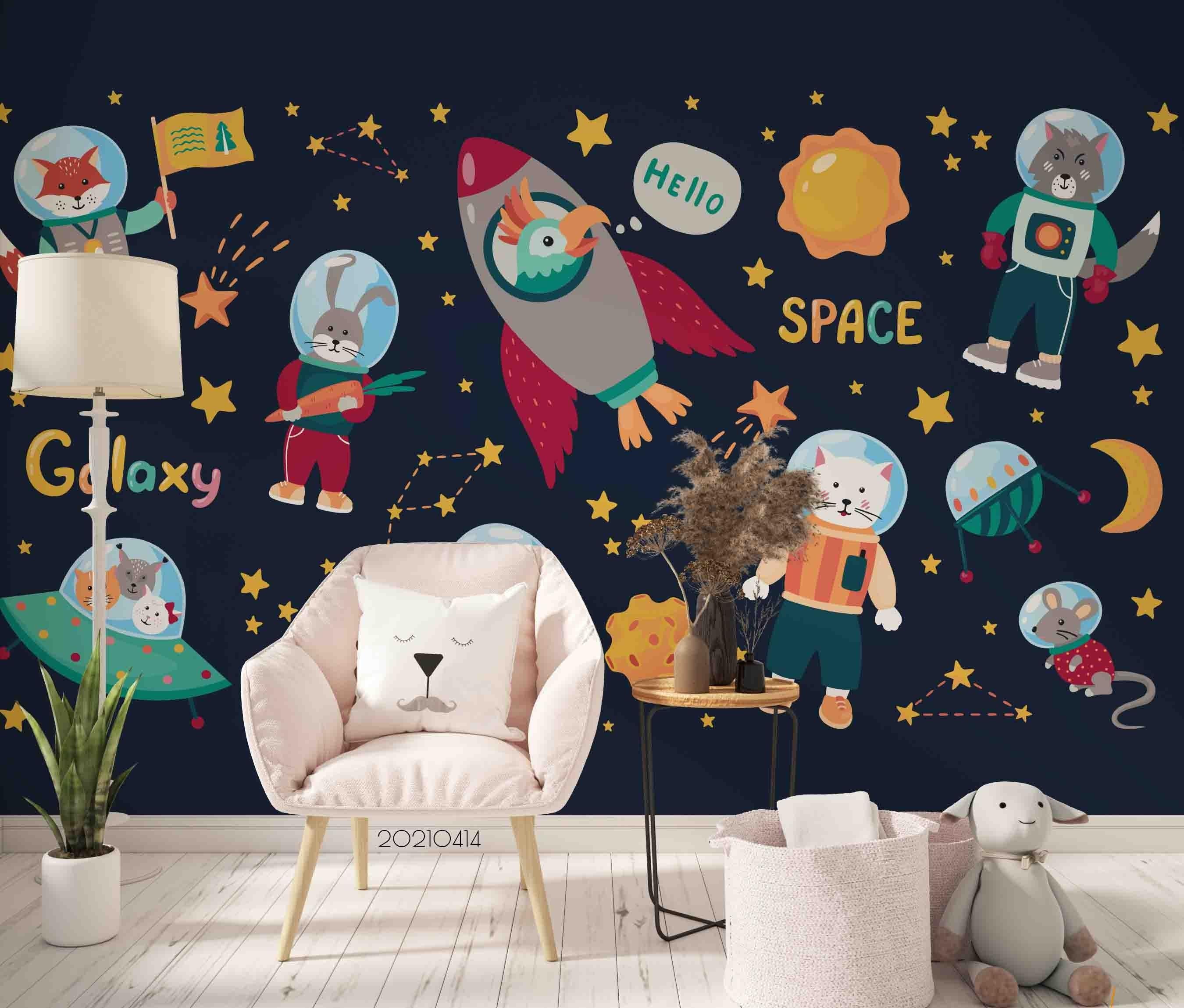 3D Cartoon Space Animal Astronaut Rocket Wall Mural Wallpaper LQH 242- Jess Art Decoration