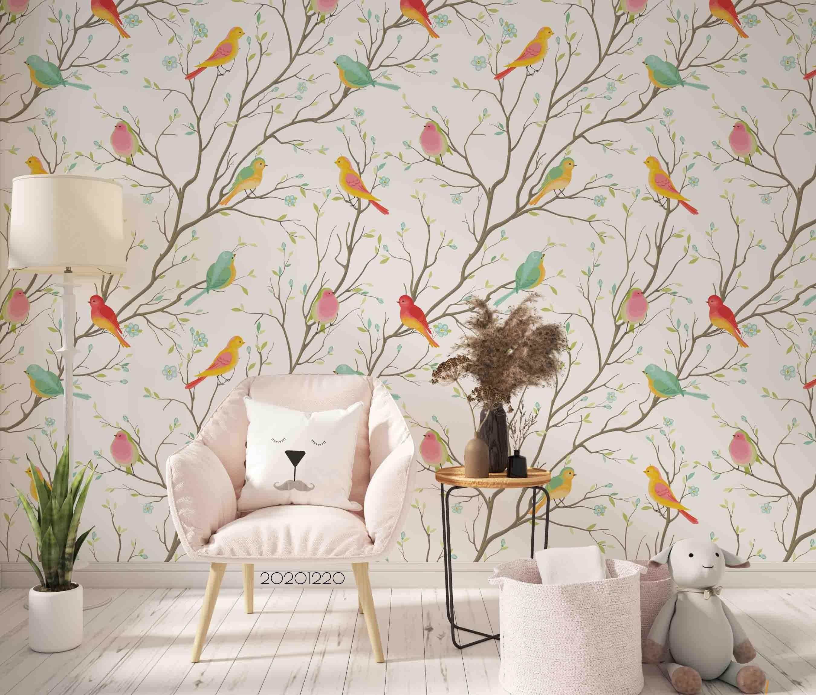 3D Hand Drawn Animal Color Bird Branch Wall Mural Wallpaper LQH 77- Jess Art Decoration