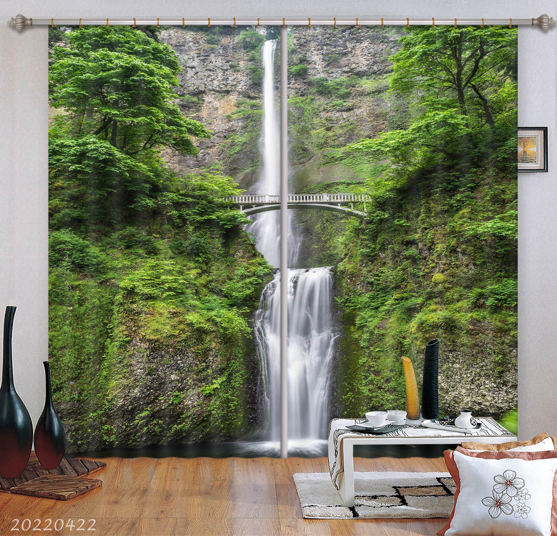 3D Landscape Mountain Waterfall Bridge Green Plant Curtains and Drapes GD 4300- Jess Art Decoration