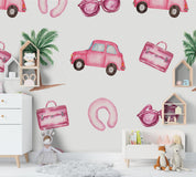 3D Cartoon Pink Car Coconut Tree Wall Mural Wallpaper 110- Jess Art Decoration