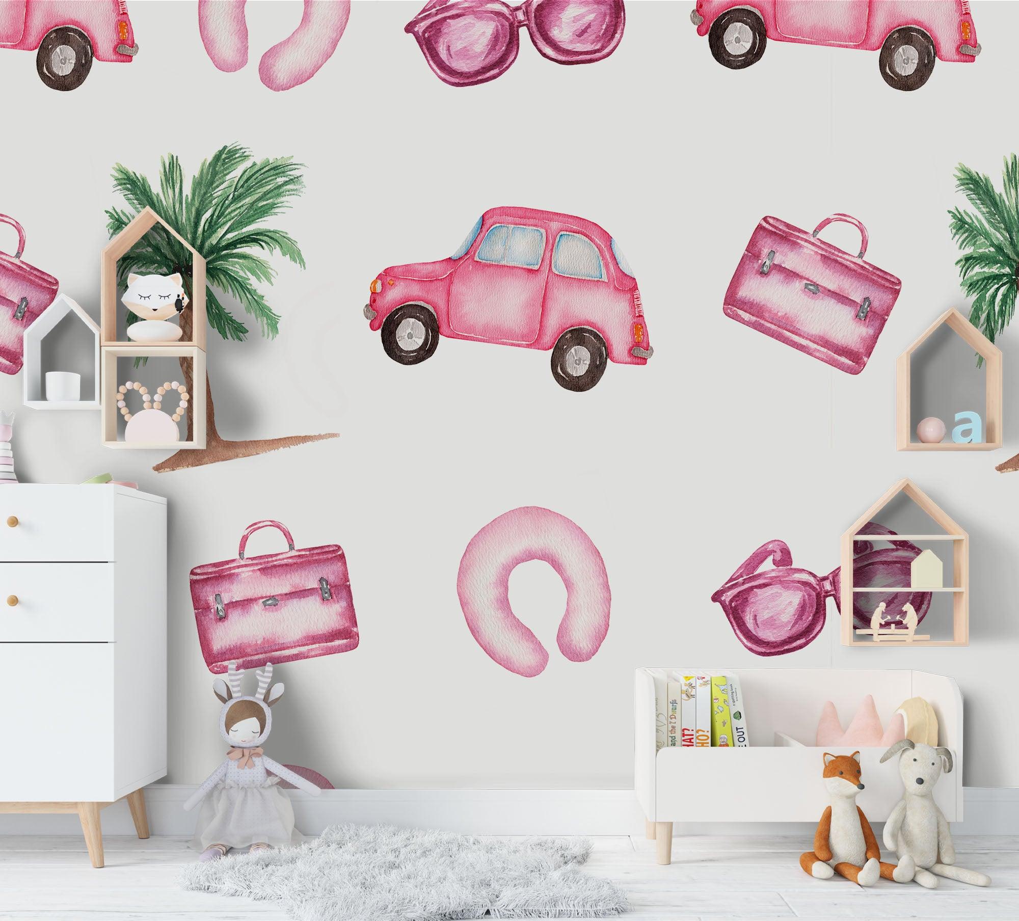 3D Cartoon Pink Car Coconut Tree Wall Mural Wallpaper 110- Jess Art Decoration