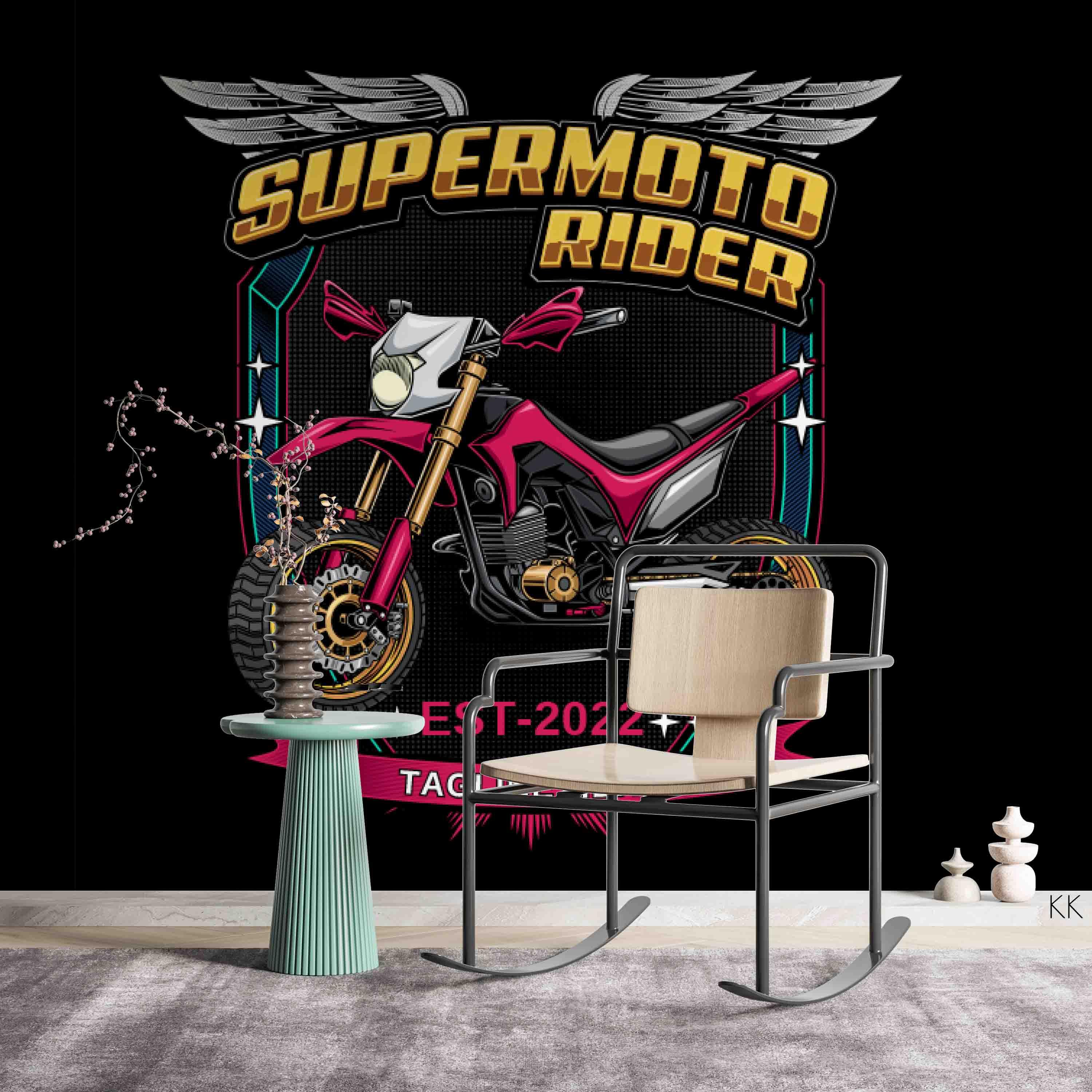 3D Vintage Supermoto Rider Logo Drawing Wall Mural Wallpaper GD 3195- Jess Art Decoration