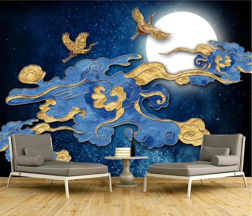 3D Blue Star Sky Moon Clouds Crane Wall Mural Wallpaper 1610- Jess Art Decoration