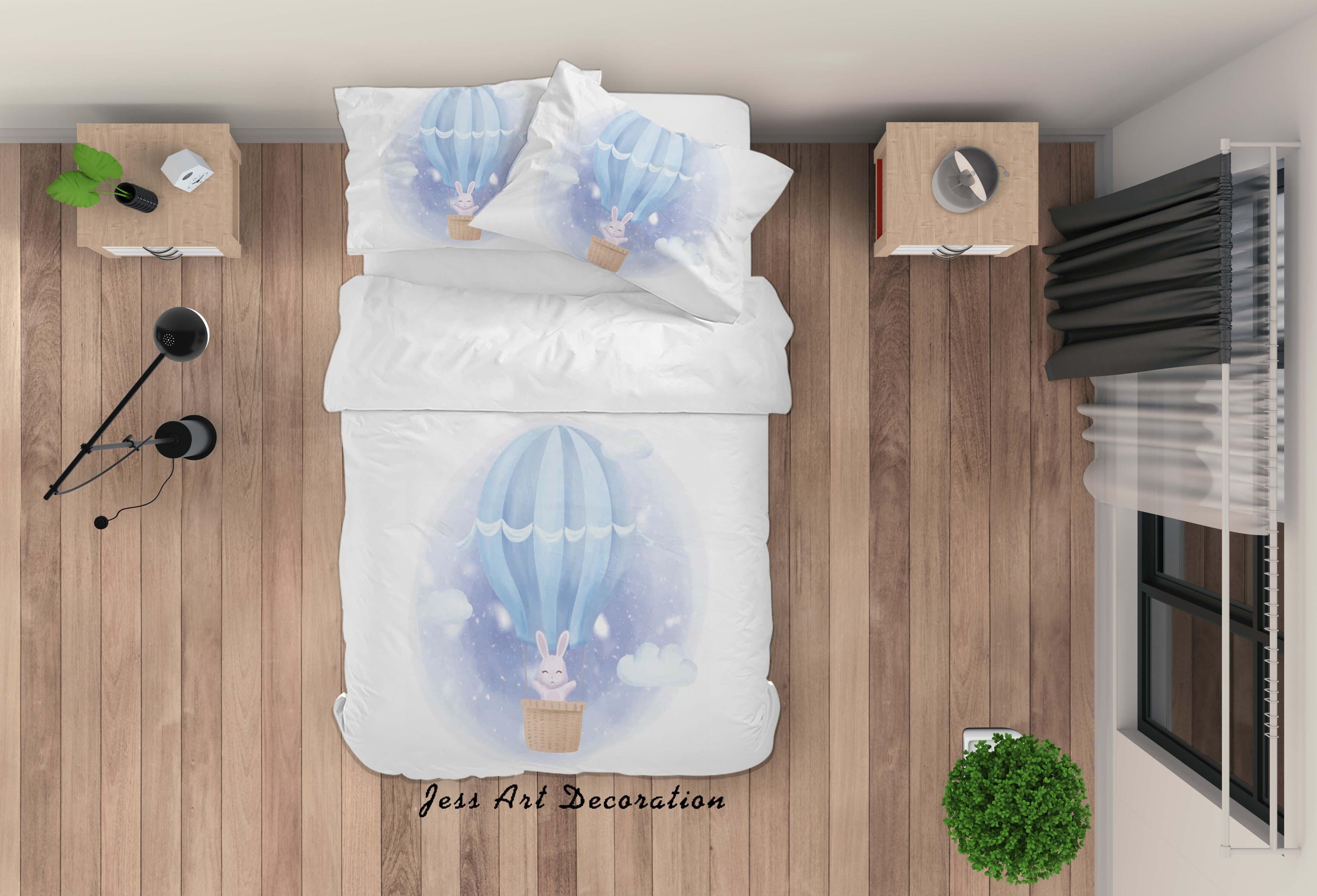 3D White Rabbit Hot Air Balloon Quilt Cover Set Bedding Set Duvet Cover Pillowcases SF51- Jess Art Decoration
