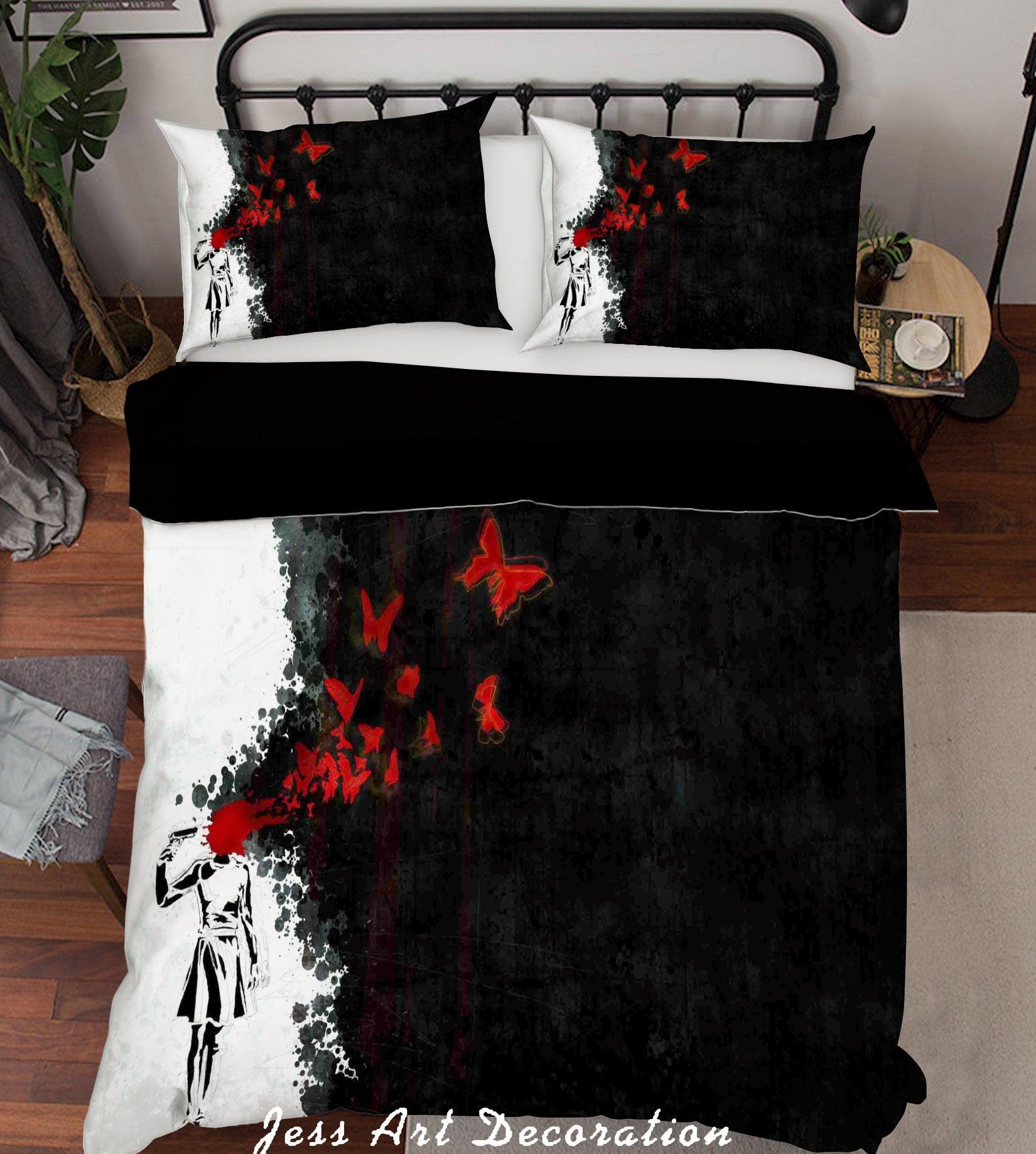 3D Banksy Mural Red Blood Butterfly Black White Quilt Cover Set Bedding Set Duvet Cover Pillowcases  ZY D121- Jess Art Decoration