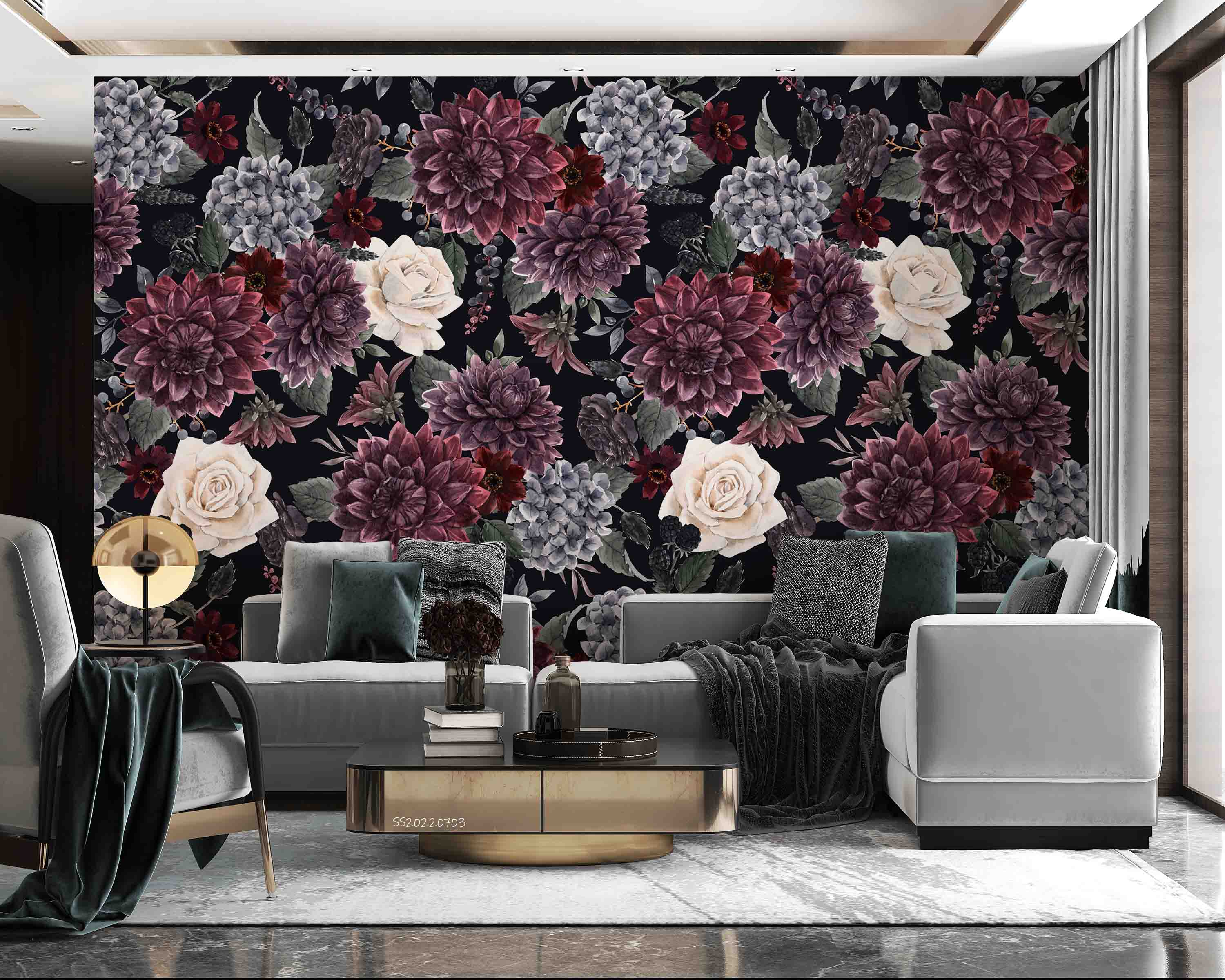 3D Vintage Floral Pattern Black Background Wall Mural Wallpaper GD 1046- Jess Art Decoration