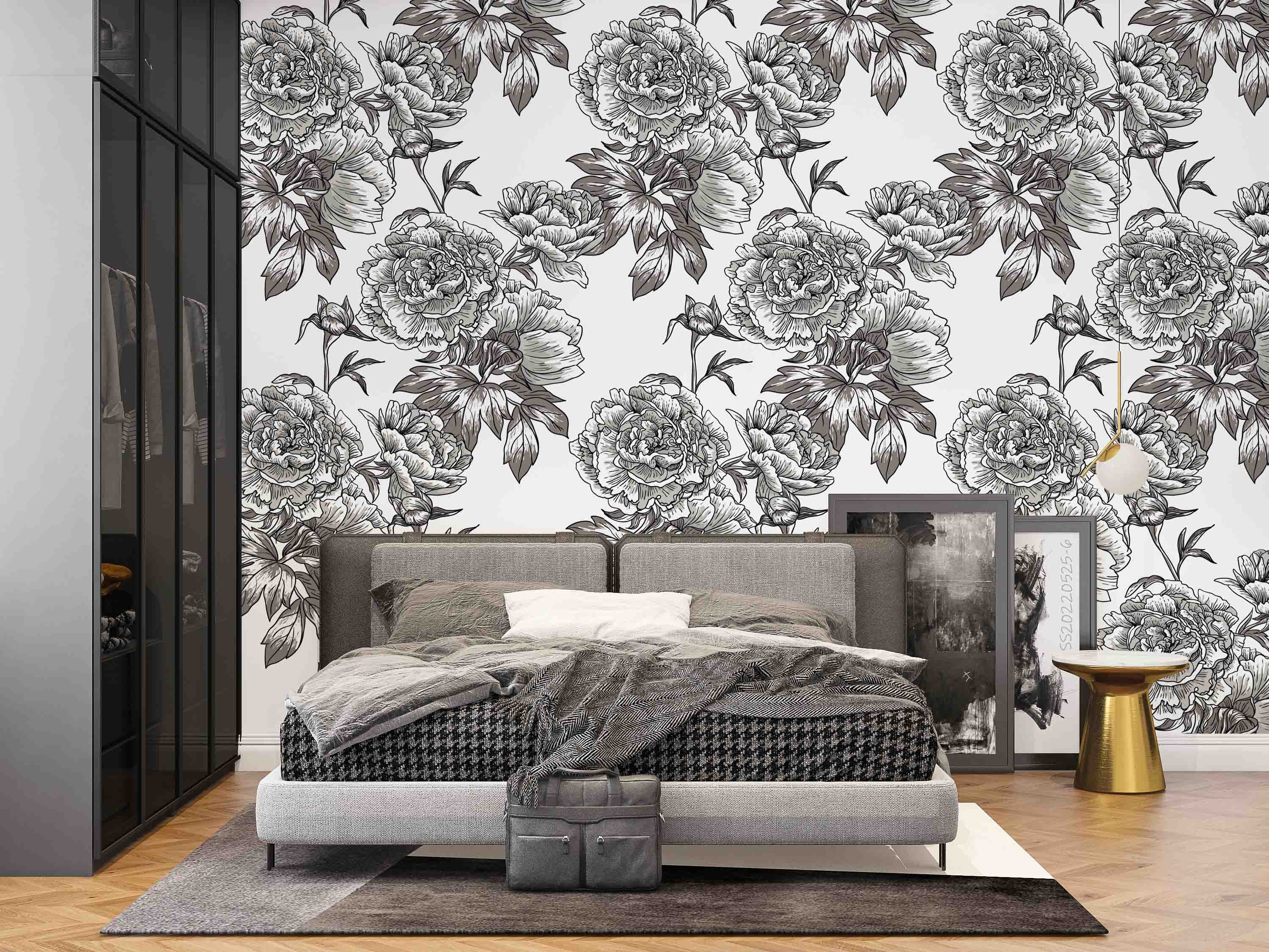3D Sketch Peony Floral Pattern Black White Wall Mural Wallpaper GD 1329- Jess Art Decoration