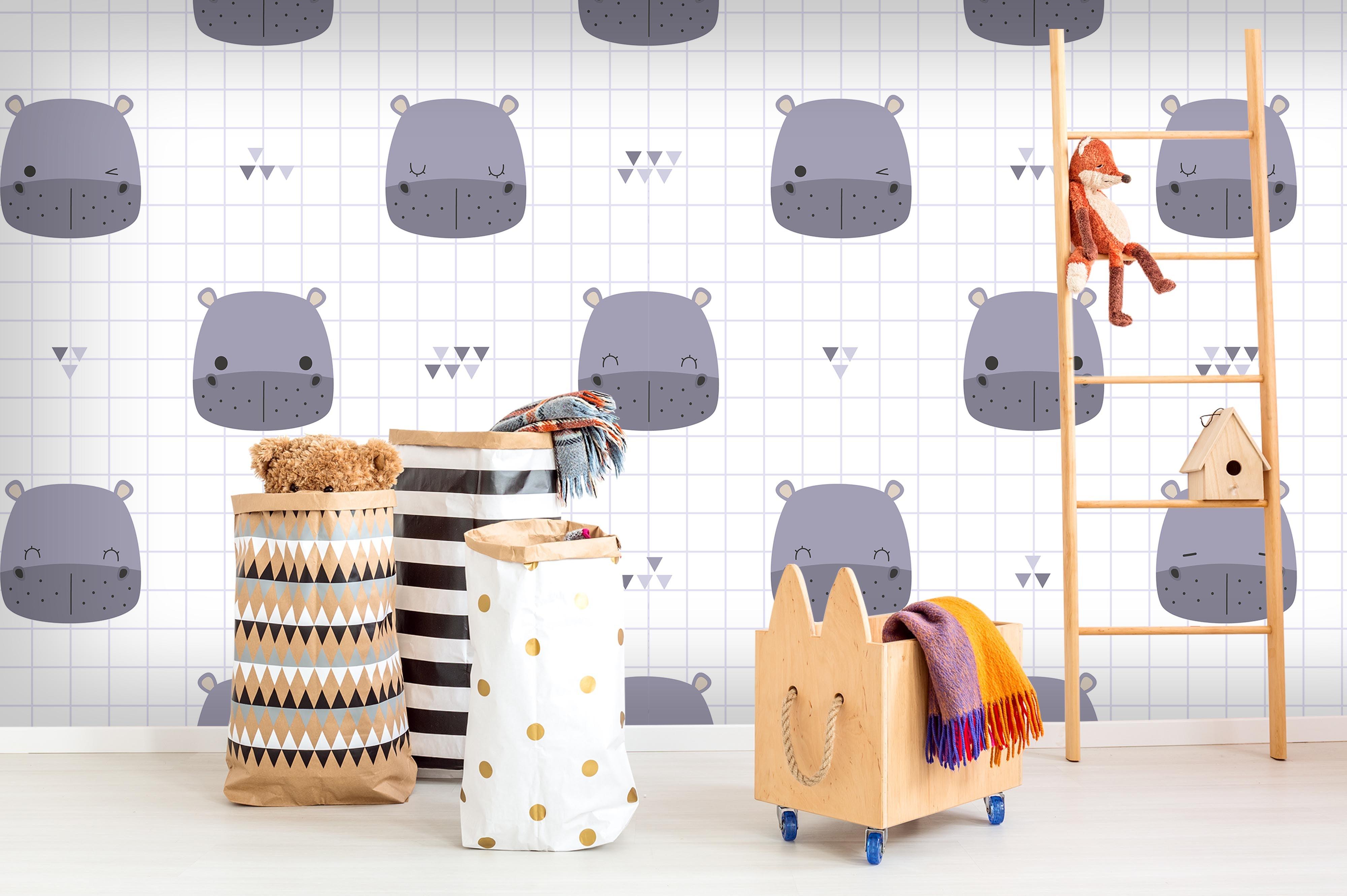 3D cartoon grey hippo wall mural wallpaper 30- Jess Art Decoration