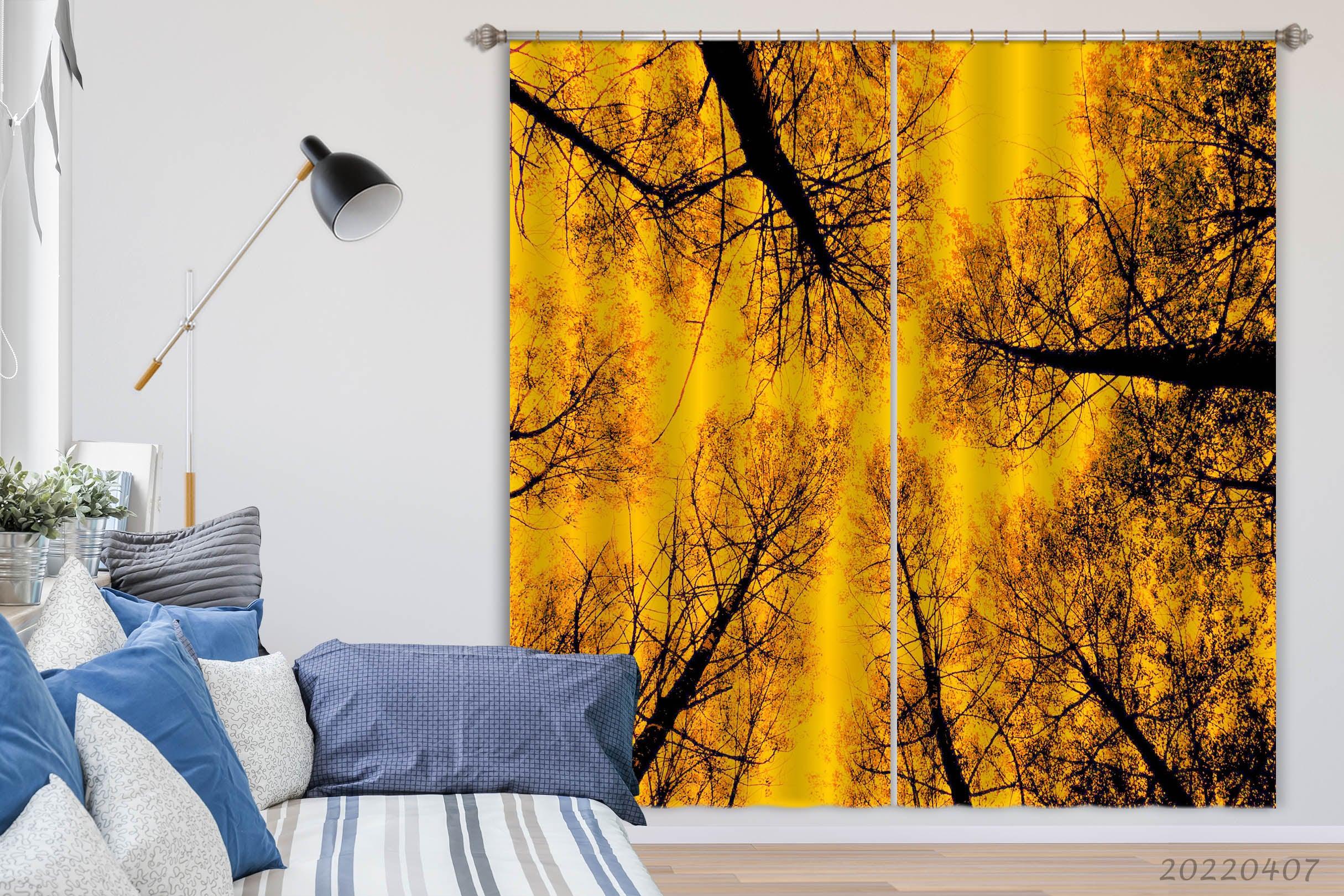 3D Tree Branch Yellow Sunset Curtains and Drapes GD 3472- Jess Art Decoration