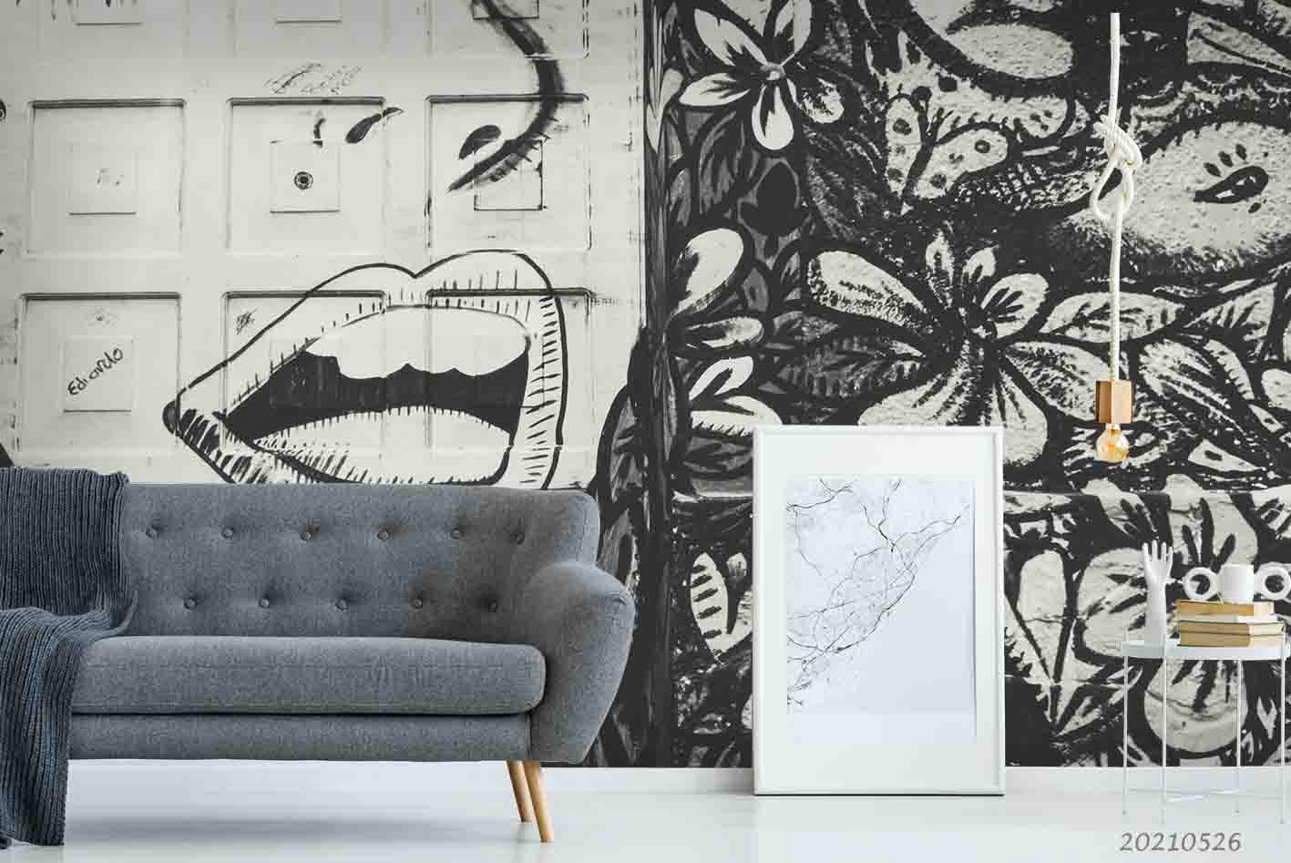 3D  Abstract Graffiti Mouth Black White Floral Wall Mural Wallpaper SWW278- Jess Art Decoration