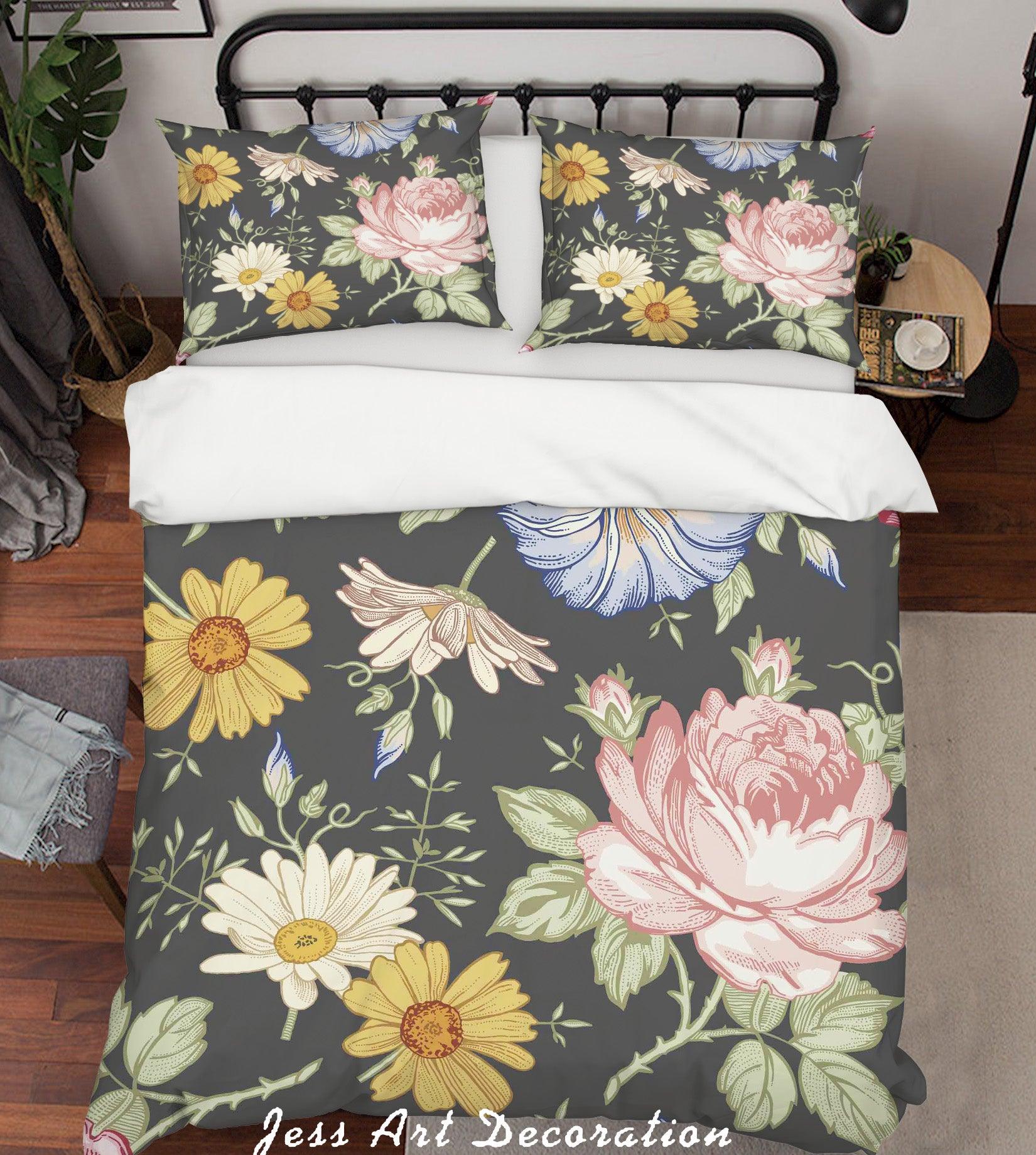 3D Black Floral Quilt Cover Set Bedding Set Pillowcases SF03- Jess Art Decoration