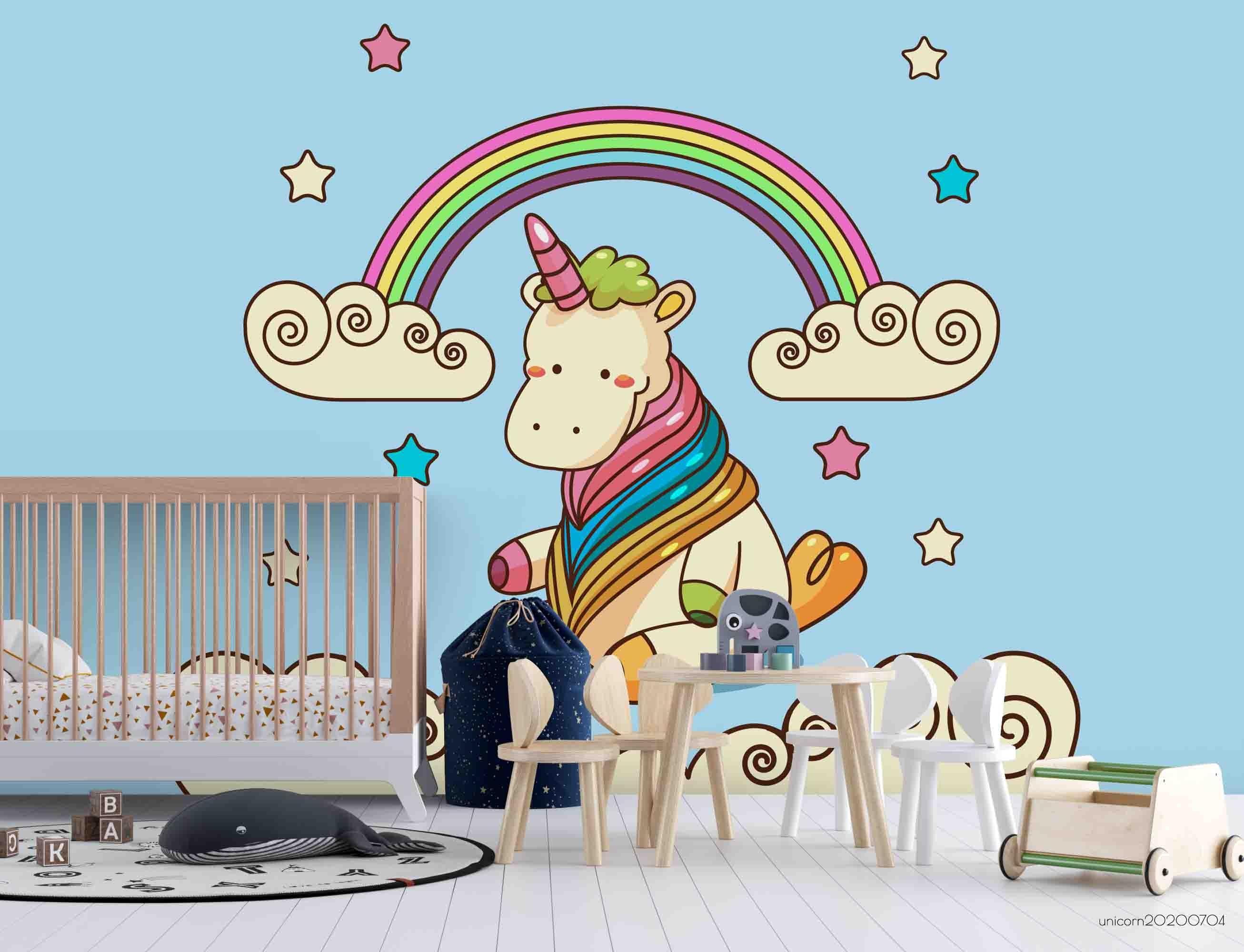 3D Blue Rainbow Sky Cloud Unicorn Wall Mural Wallpaper A222 LQH- Jess Art Decoration