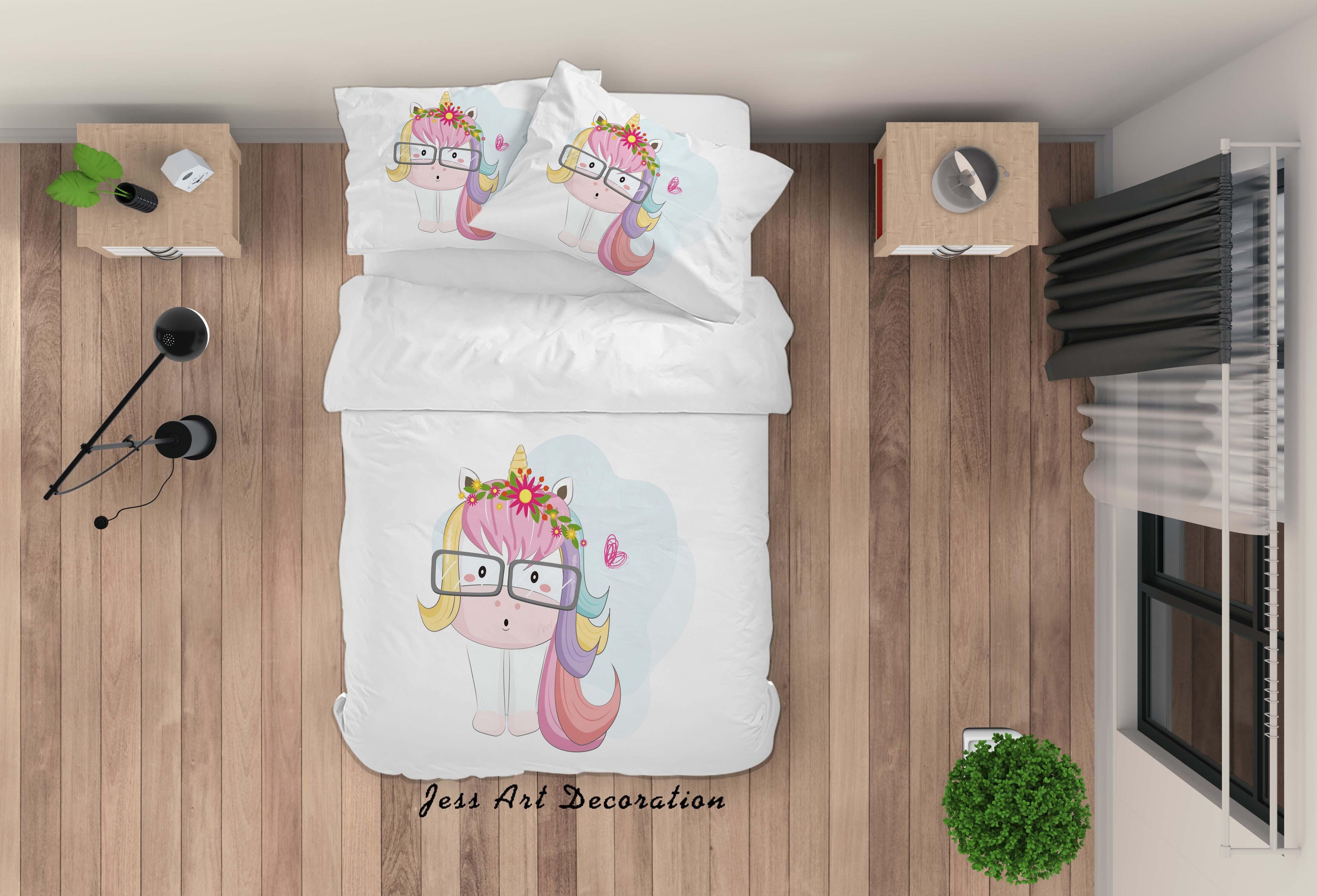 3D White Cartoon Unicorn Quilt Cover Set Bedding Set Duvet Cover Pillowcases SF52- Jess Art Decoration