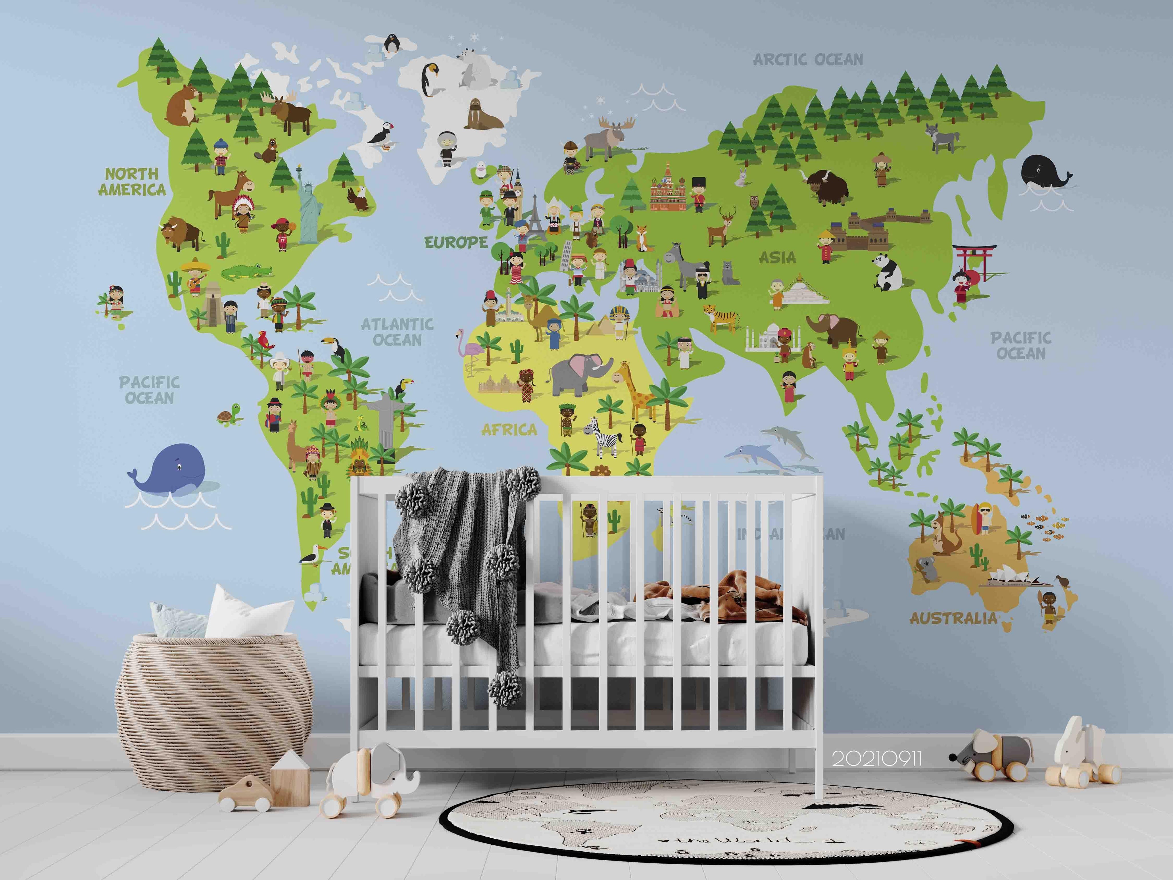 3D World Map Green Kids Wall Mural Wallpaper LQH 815- Jess Art Decoration