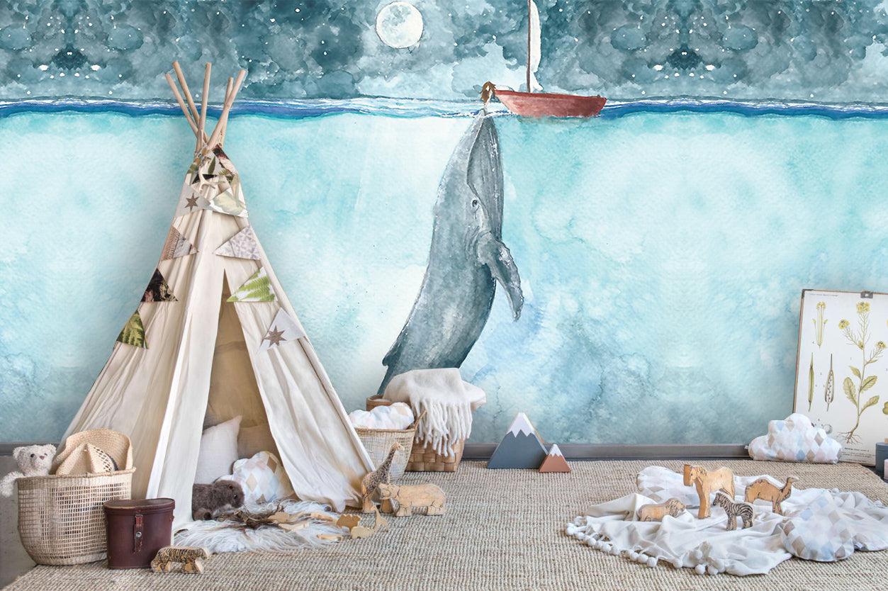 3D blue watercolor whale wall mural wallpaper 38- Jess Art Decoration