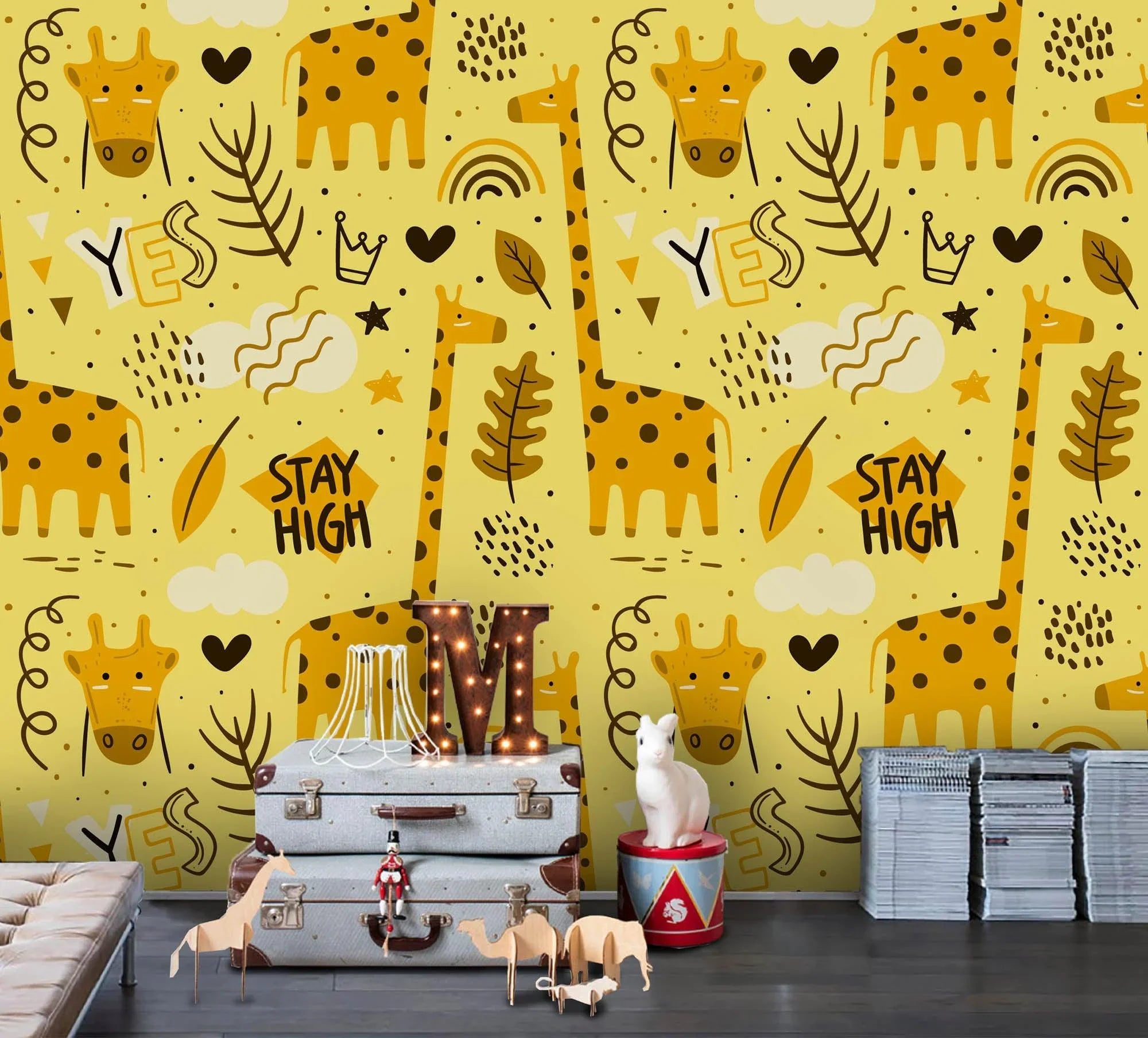 3D Yellow Giraffe Hippo Wall Mural Wallpaper 136- Jess Art Decoration