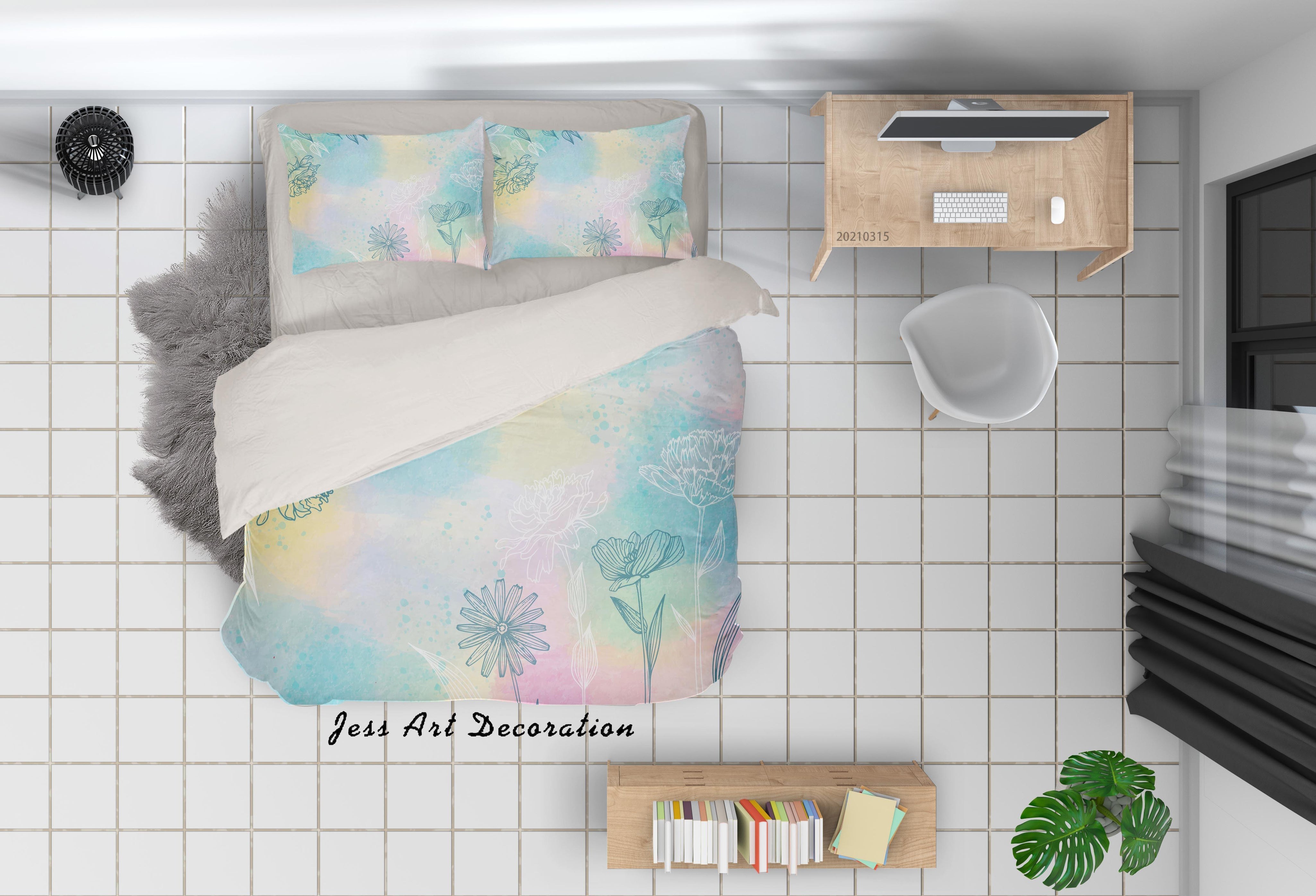 3D Watercolor Green Floral Quilt Cover Set Bedding Set Duvet Cover Pillowcases 95- Jess Art Decoration