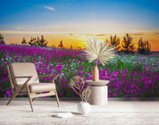 3D Field Landscape Purple White Flower Tree Sunset Blue Sky White Cloud Wall Mural Wallpaper GD 2287- Jess Art Decoration