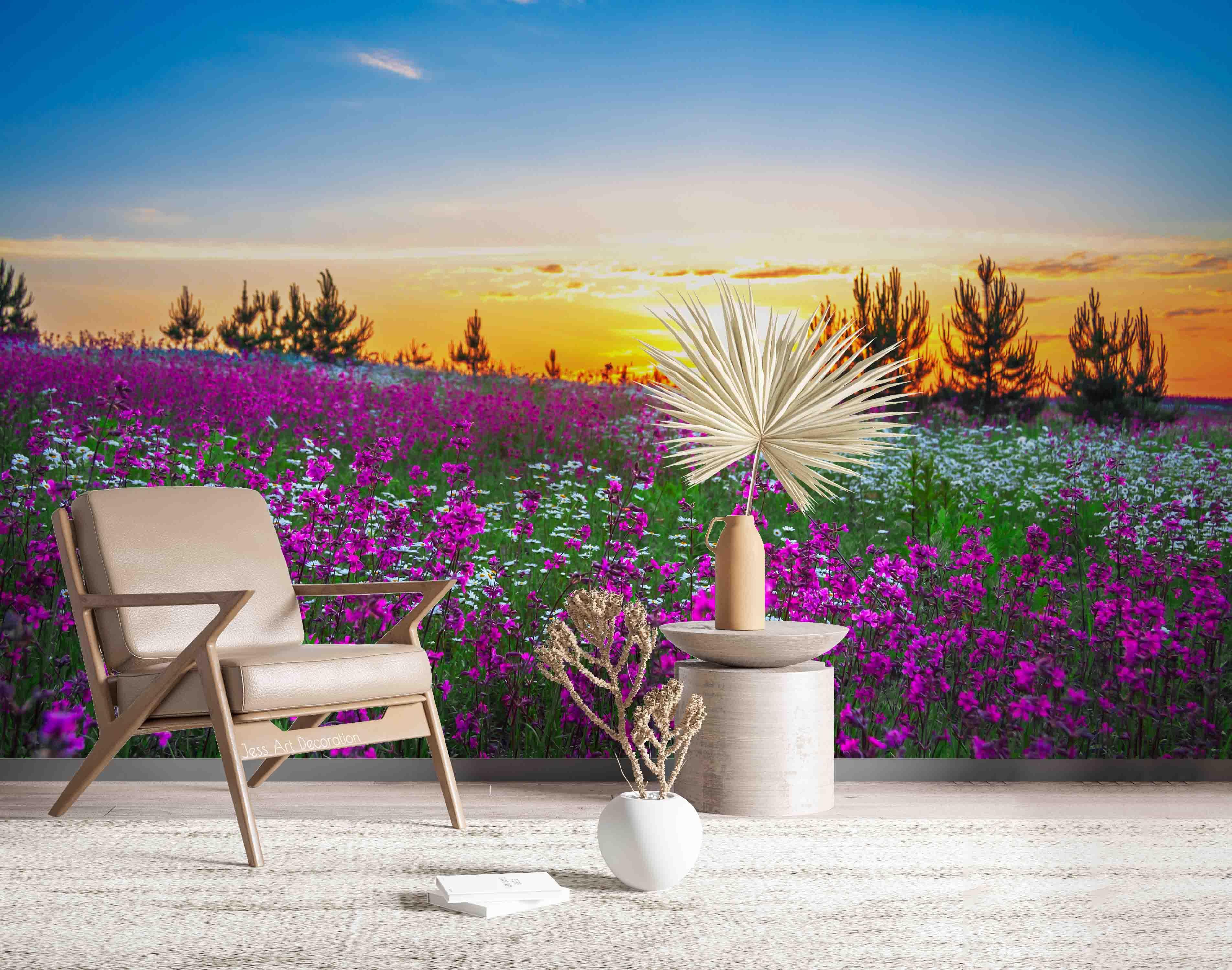 3D Field Landscape Purple White Flower Tree Sunset Blue Sky White Cloud Wall Mural Wallpaper GD 2287- Jess Art Decoration