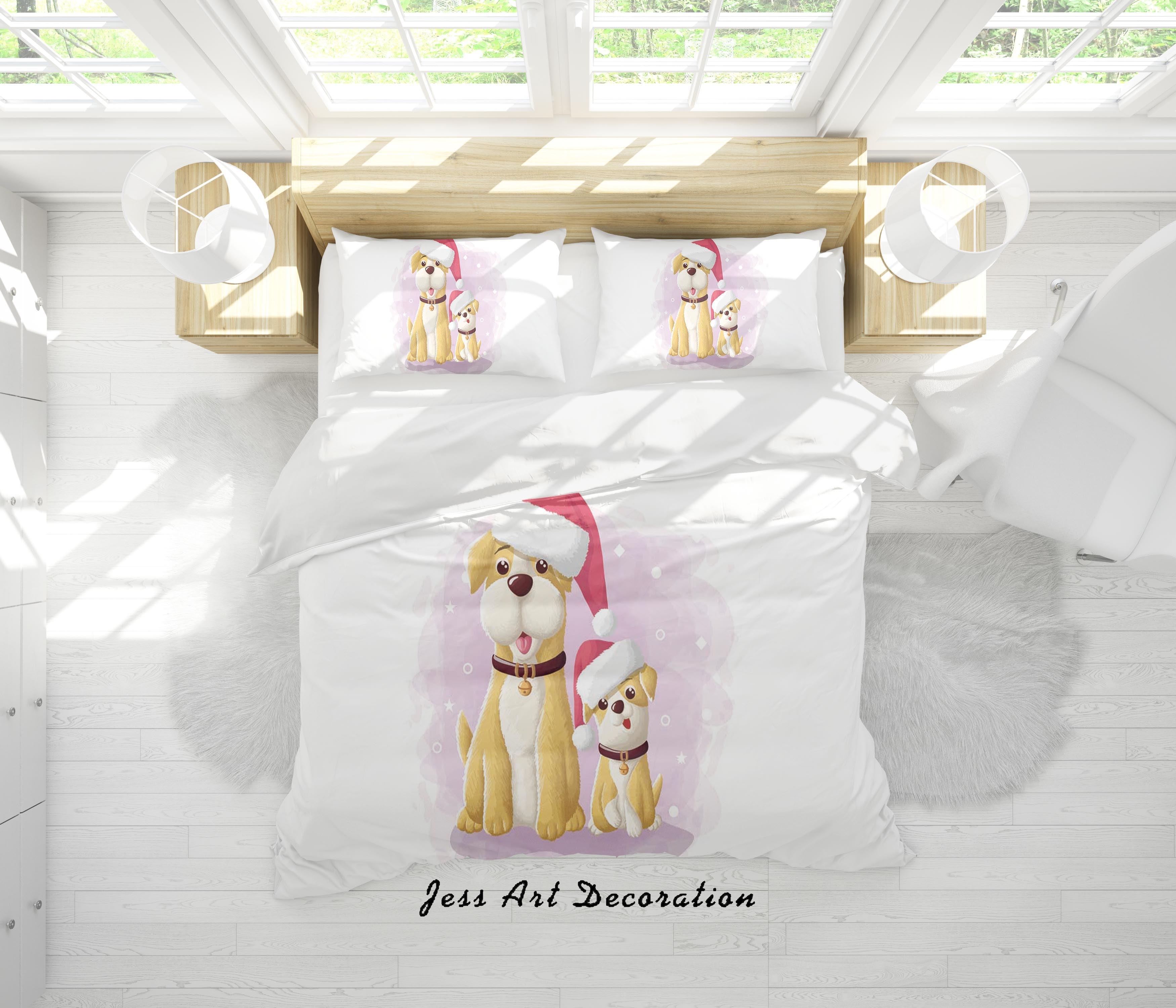 3D White Dog Christmas Hat Quilt Cover Set Bedding Set Duvet Cover Pillowcases SF36- Jess Art Decoration