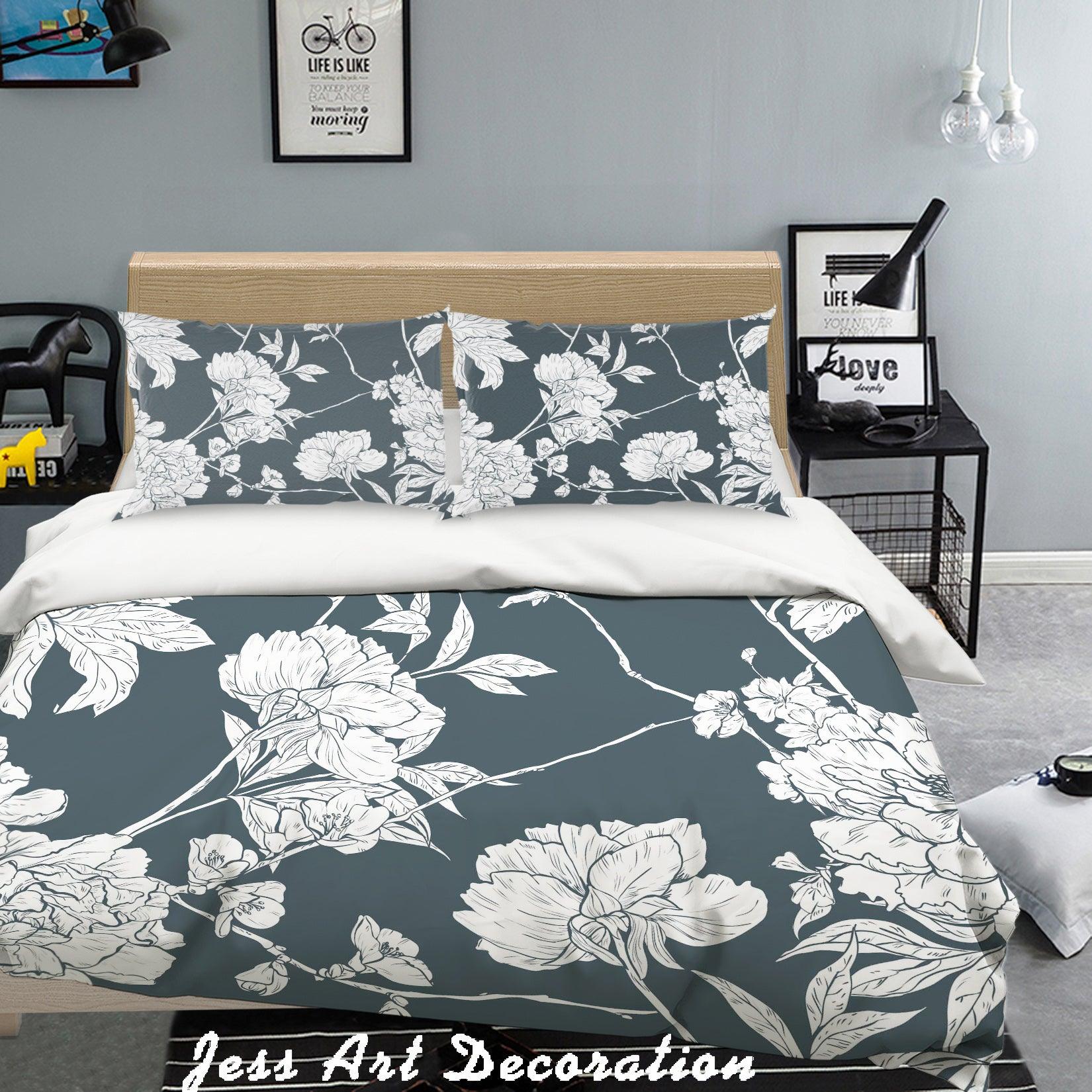 3D White Flowers Black Background Quilt Cover Set Bedding Set Pillowcases  126- Jess Art Decoration