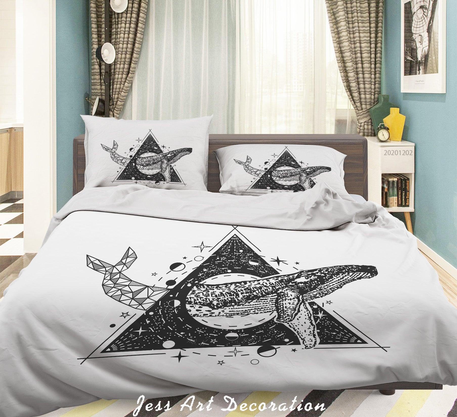 3D Vintage Hand Drawn Whale Fish Geometric Triangle Round Star Quilt Cover Set Bedding Set Duvet Cover Pillowcases LXL- Jess Art Decoration