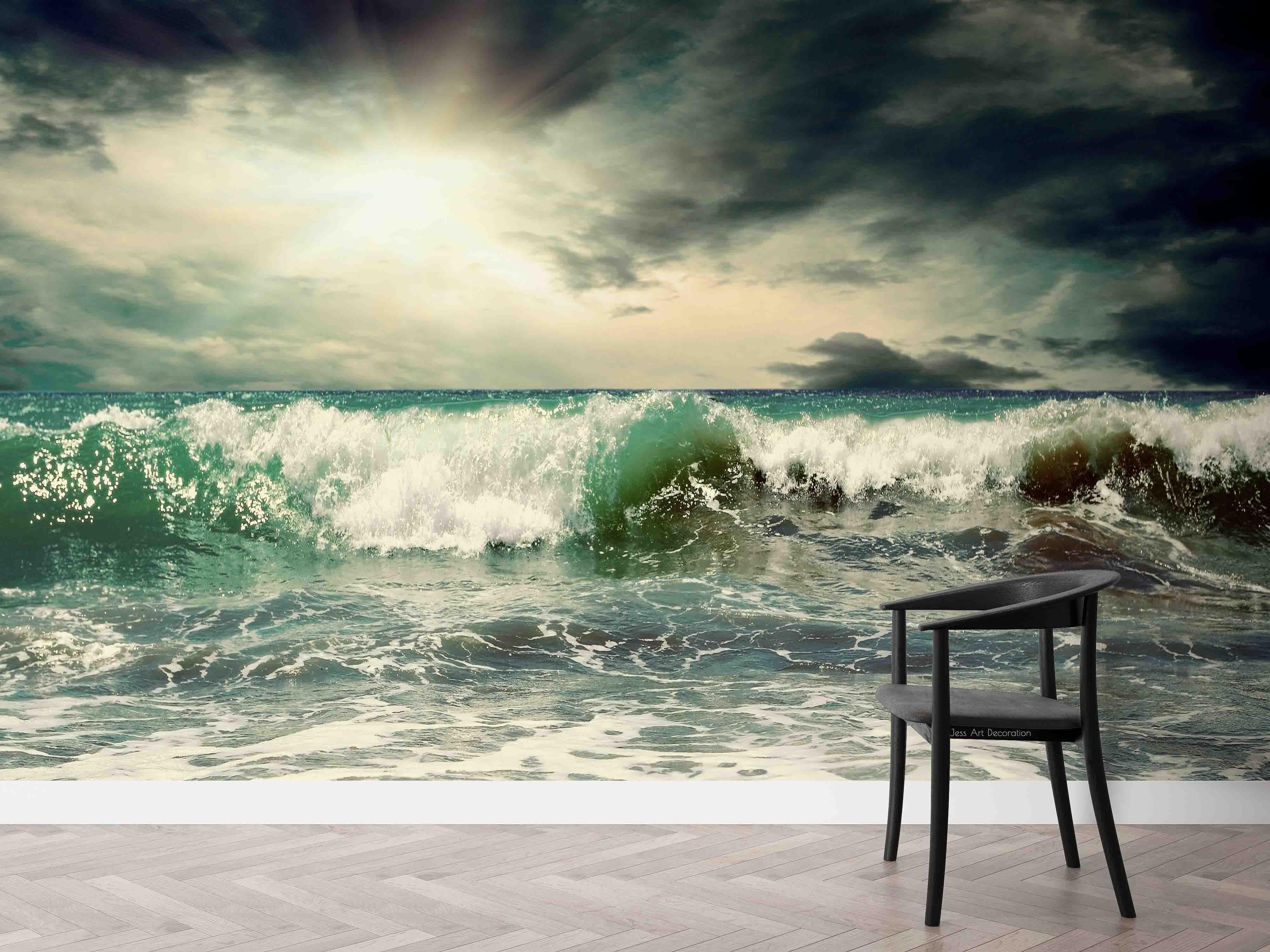 3D Green Sea Waves Dark Clouds Wall Mural Wallpaper GD 2362- Jess Art Decoration
