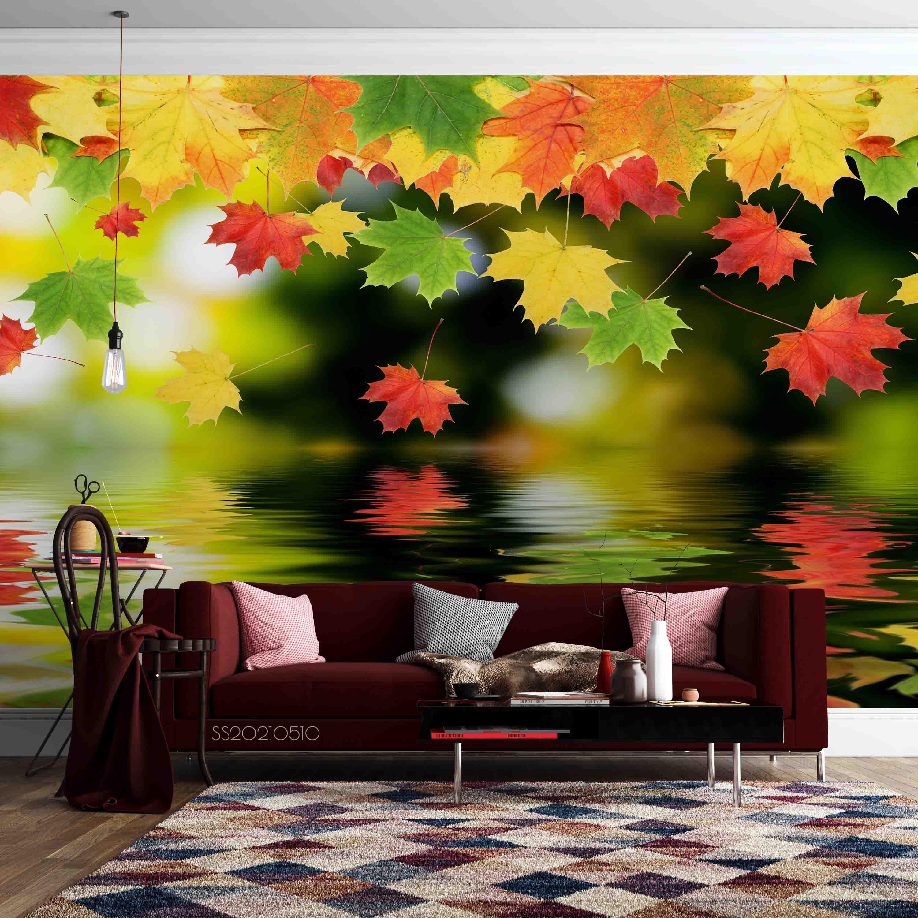 3D Lake Color Maple Leaf Wall Mural Wallpaper LQH 271- Jess Art Decoration