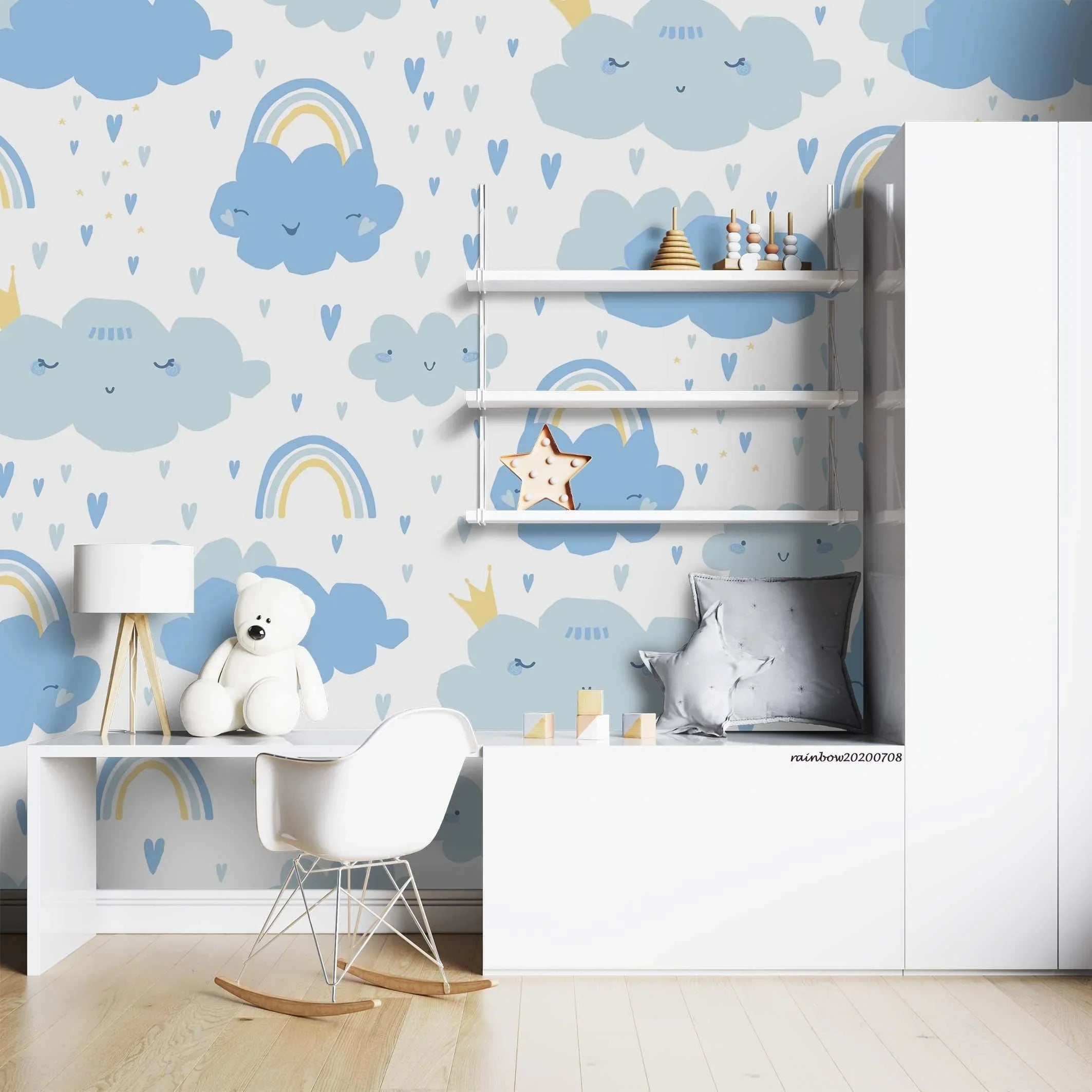 3D Cartoon Blue Cloud Rain Rainbow Wall Mural Wallpaper A199 LQH- Jess Art Decoration