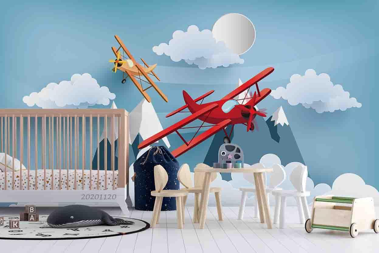 3D Cartoon Mountain Cloud Airplane Wall Mural Wallpaper LQH 292- Jess Art Decoration