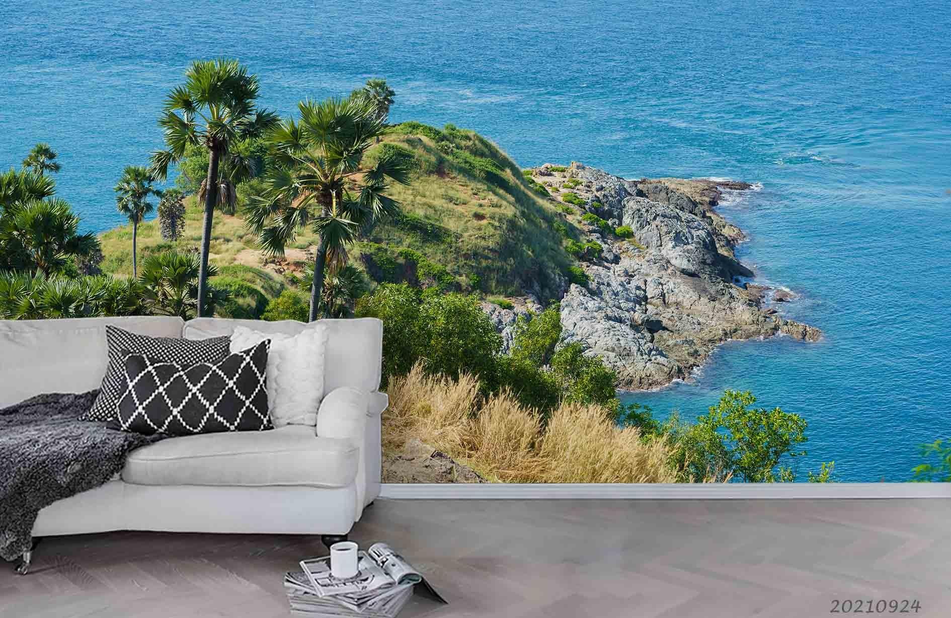 3D Blue Sea Rock Coconut Tree Wall Mural Wallpaper LQH 761- Jess Art Decoration