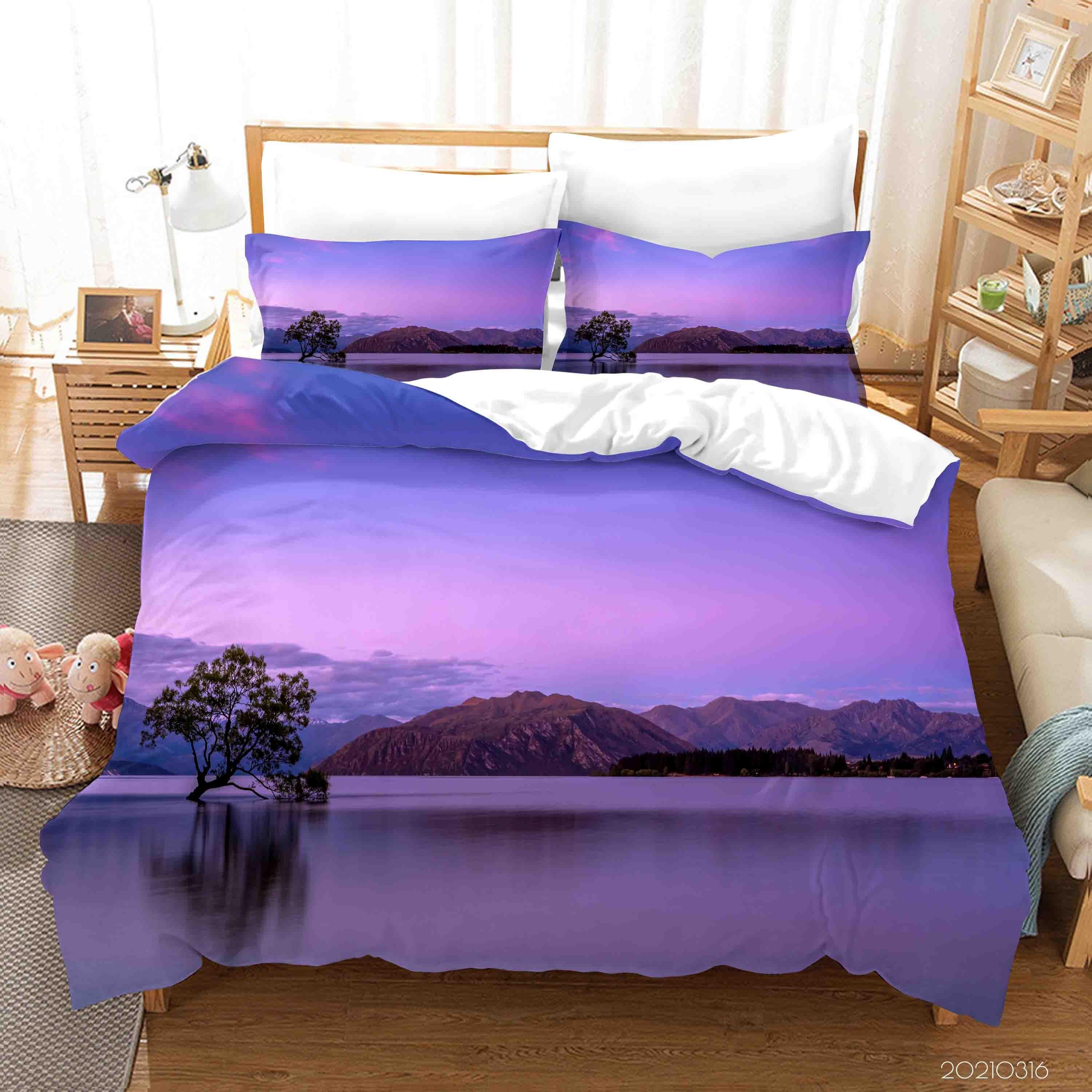 3D Purple Sky Mountain Lake Landscape Quilt Cover Set Bedding Set Duvet Cover Pillowcases 166- Jess Art Decoration
