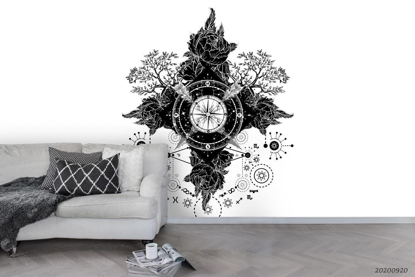 3D Tattoo Compass Arrows Roses Wall Mural Wallpaper WJ 3067- Jess Art Decoration