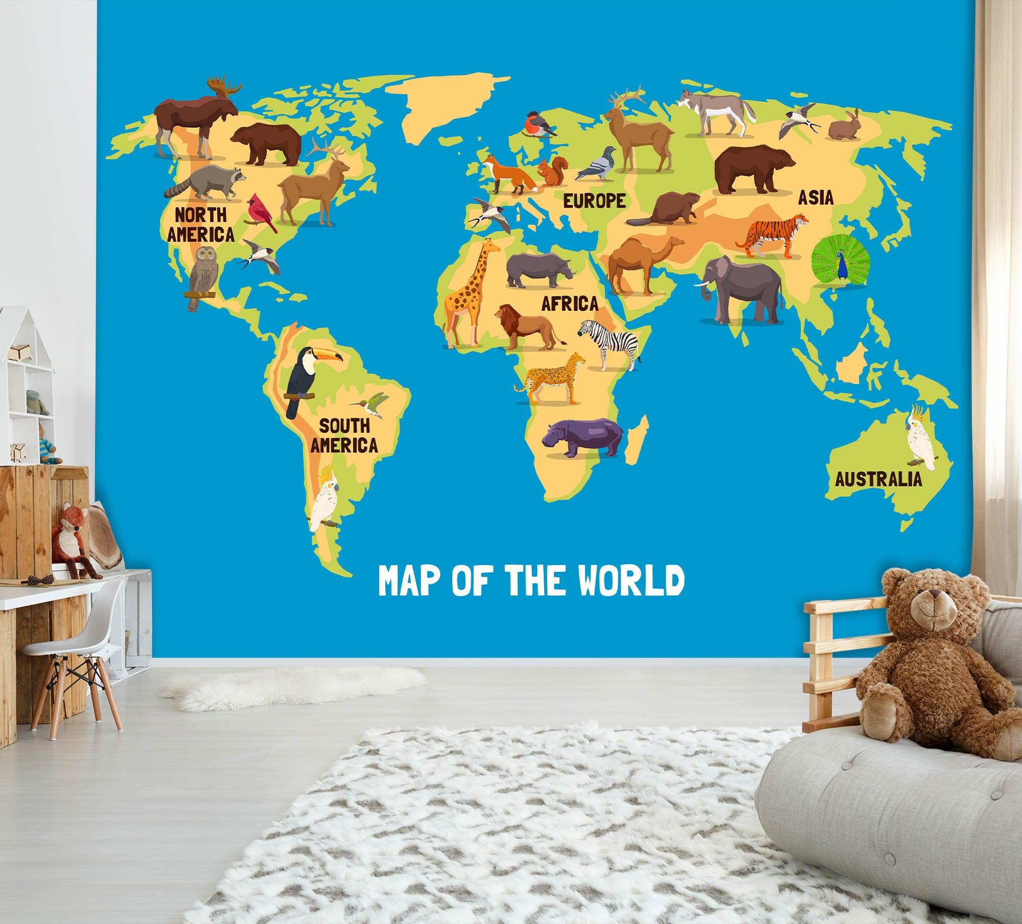 3D Blue World Animal Map Wall Mural Wallpaper LQH 87- Jess Art Decoration