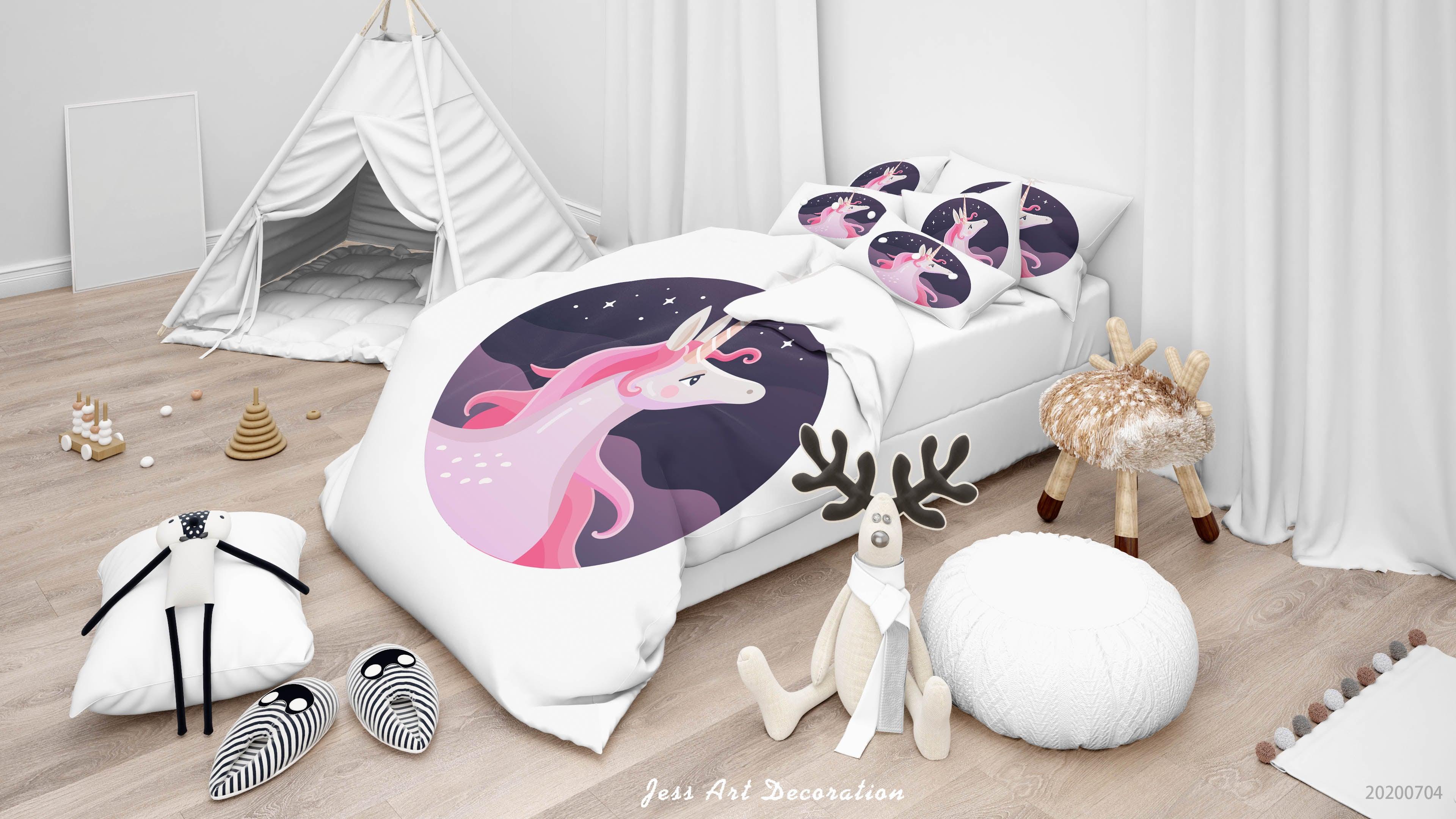 3D White Cartoon Unicorn Quilt Cover Set Bedding Set Duvet Cover Pillowcases SF262- Jess Art Decoration