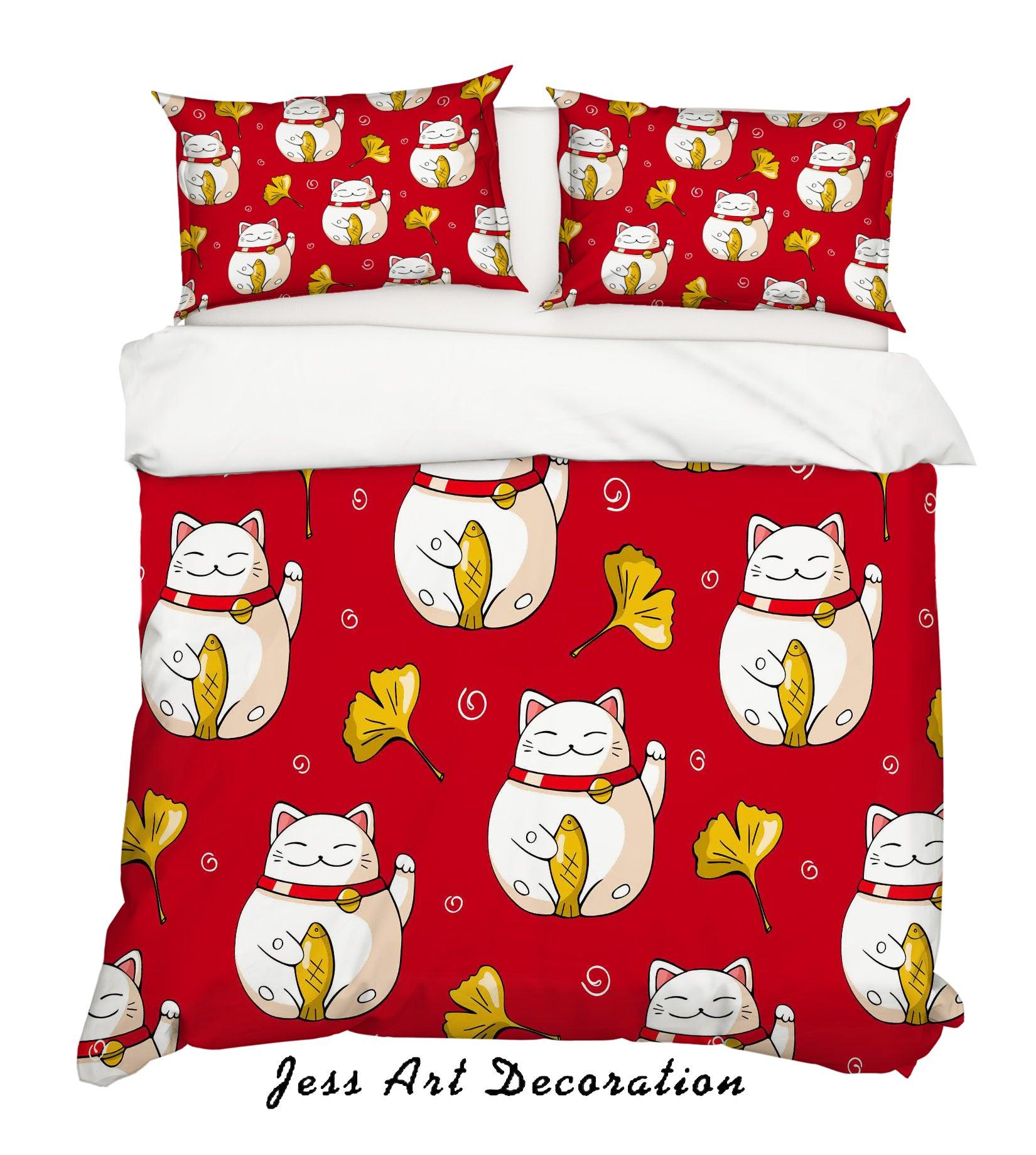 3D Cartoon Red Fortune Cat Quilt Cover Set Bedding Set Pillowcases 130- Jess Art Decoration