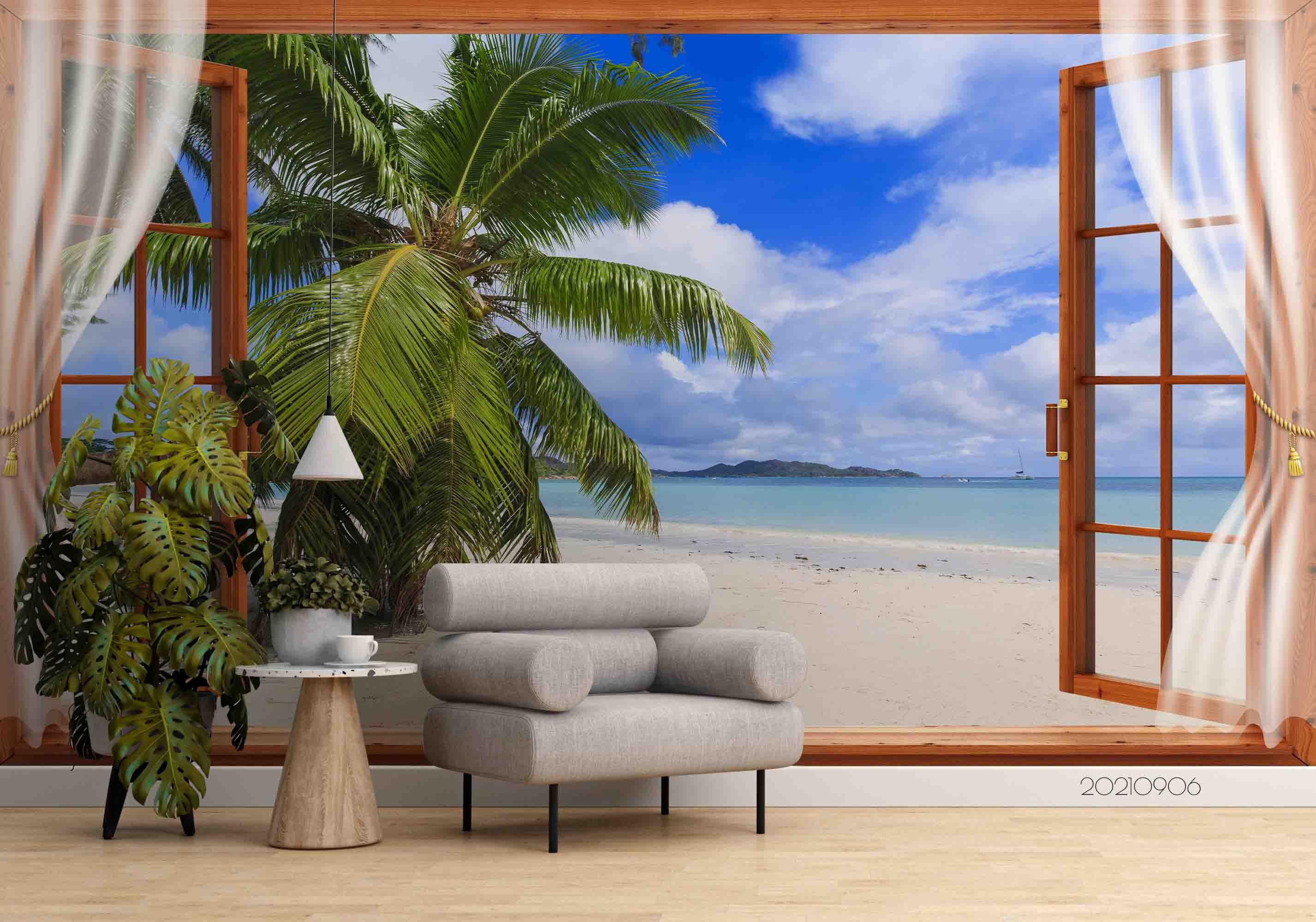 3D Sky Cloud Beach Coconut Tree Wall Mural Wallpaper LQH 572- Jess Art Decoration