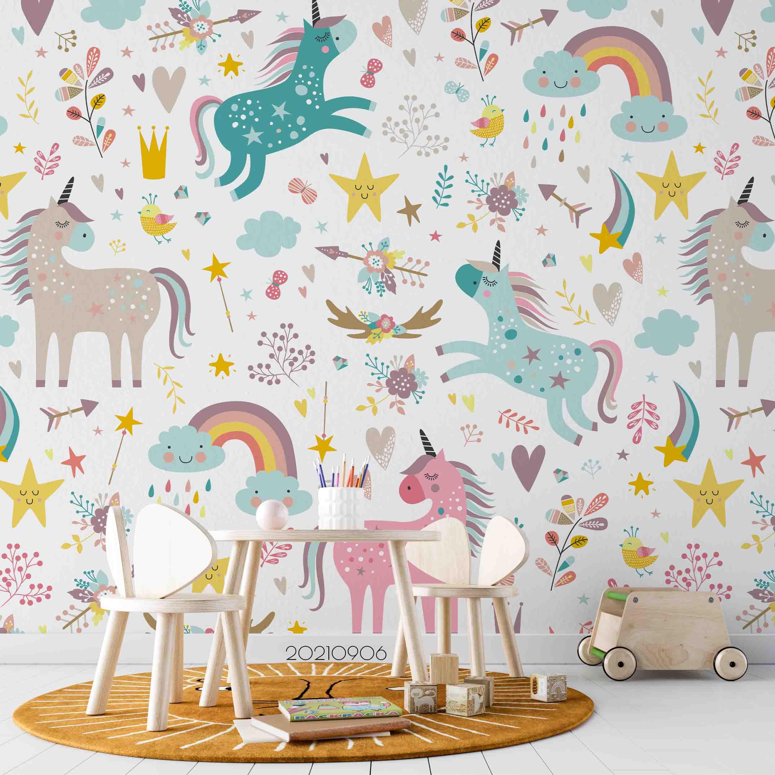 3D Unicorn Rainbow Pattern unicorn rainbow pattern mural wall mural wallpaper for kids room - view 2